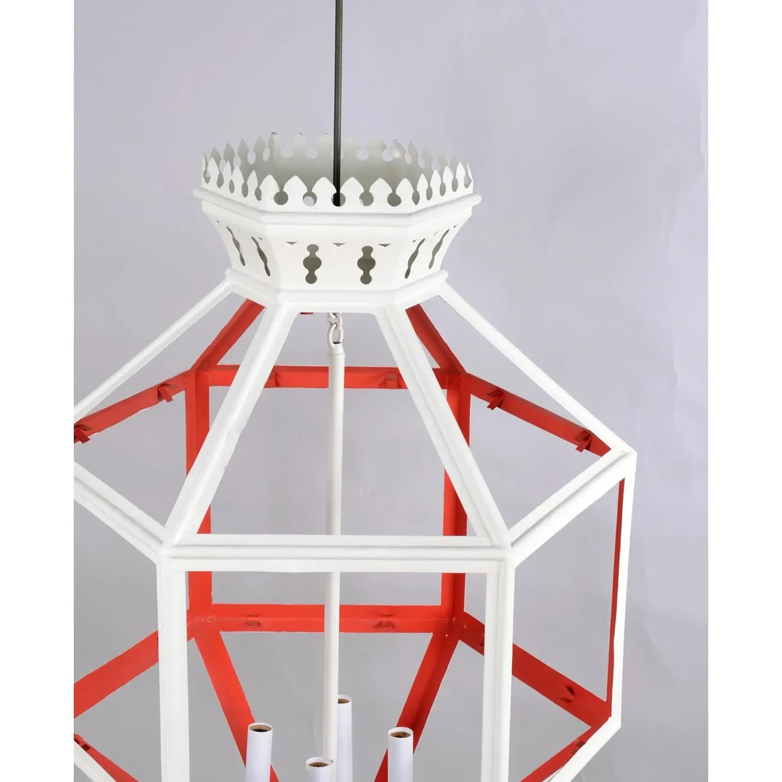 Vintage Hexagon Tole Lantern Chandelier With Crown on Top. 4 Cluster to Hold the Bulb, Two Tone Oran - 5