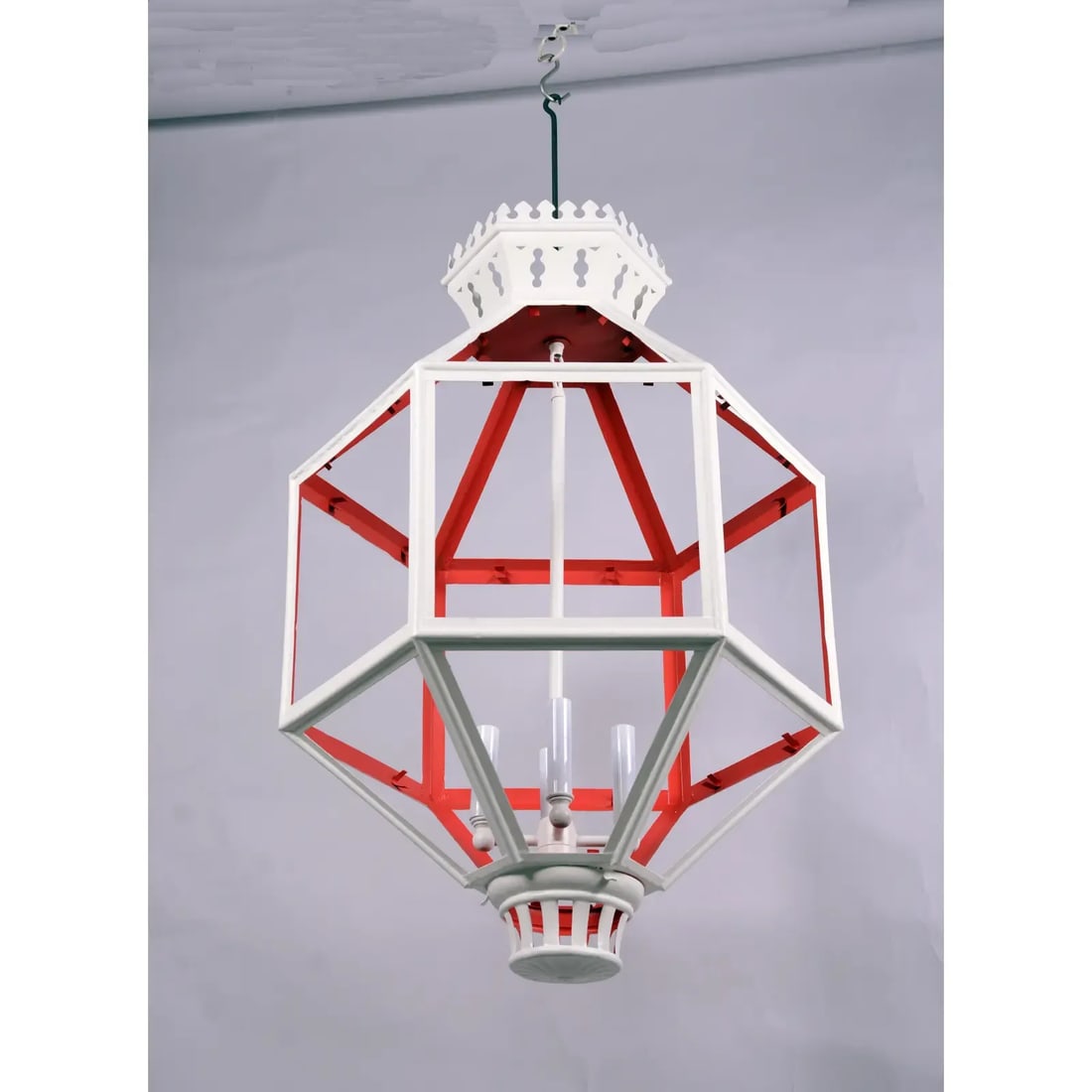 Vintage Hexagon Tole Lantern Chandelier With Crown on Top. 4 Cluster to Hold the Bulb, Two Tone Oran - 7