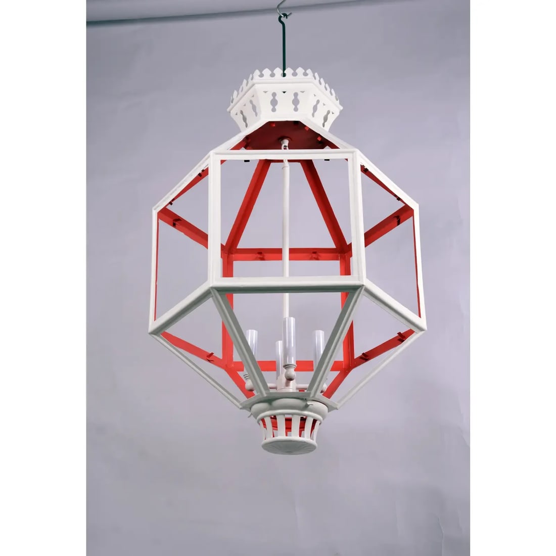 Vintage Hexagon Tole Lantern Chandelier With Crown on Top. 4 Cluster to Hold the Bulb, Two Tone Oran - 8