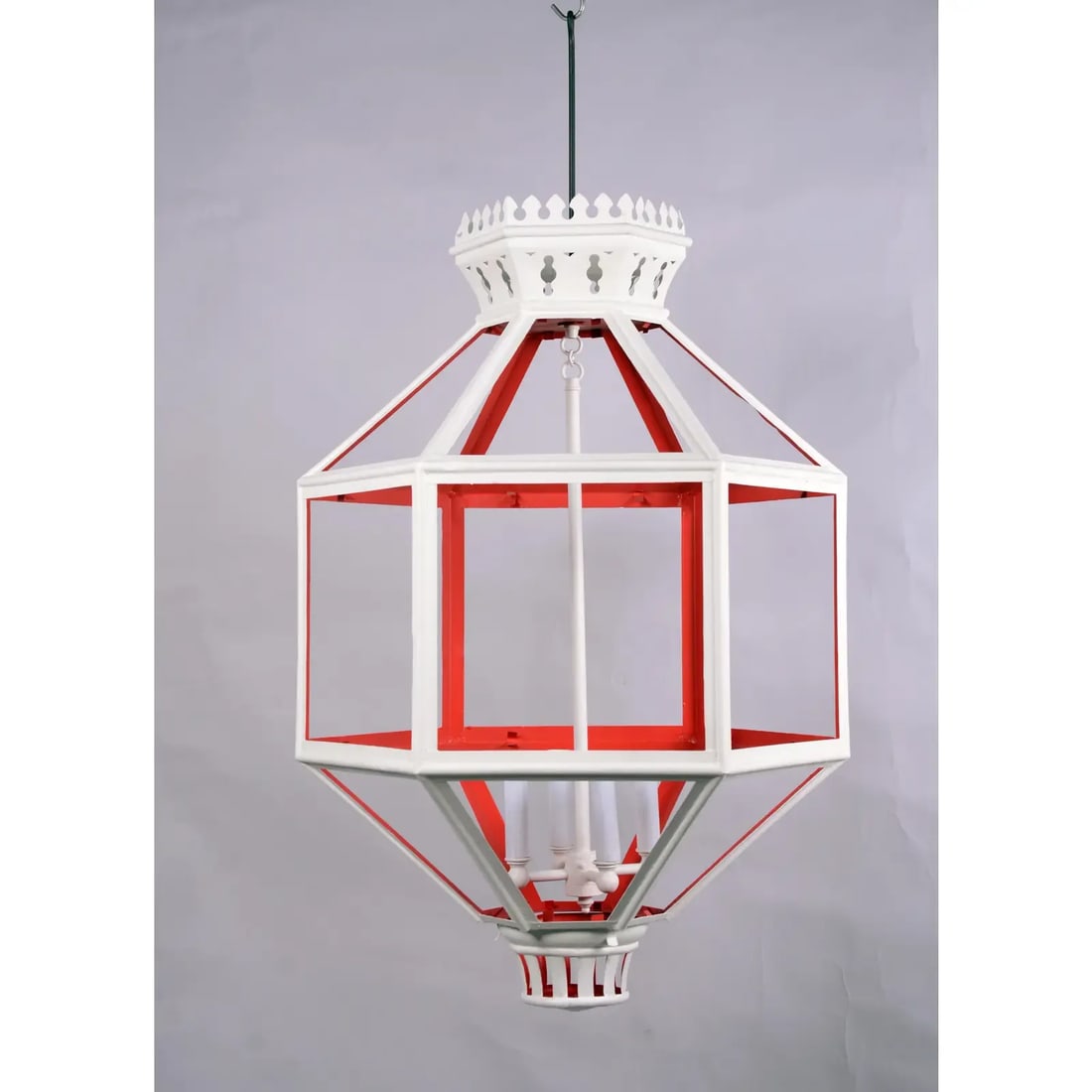 Vintage Hexagon Tole Lantern Chandelier With Crown on Top. 4 Cluster to Hold the Bulb, Two Tone Oran - 9