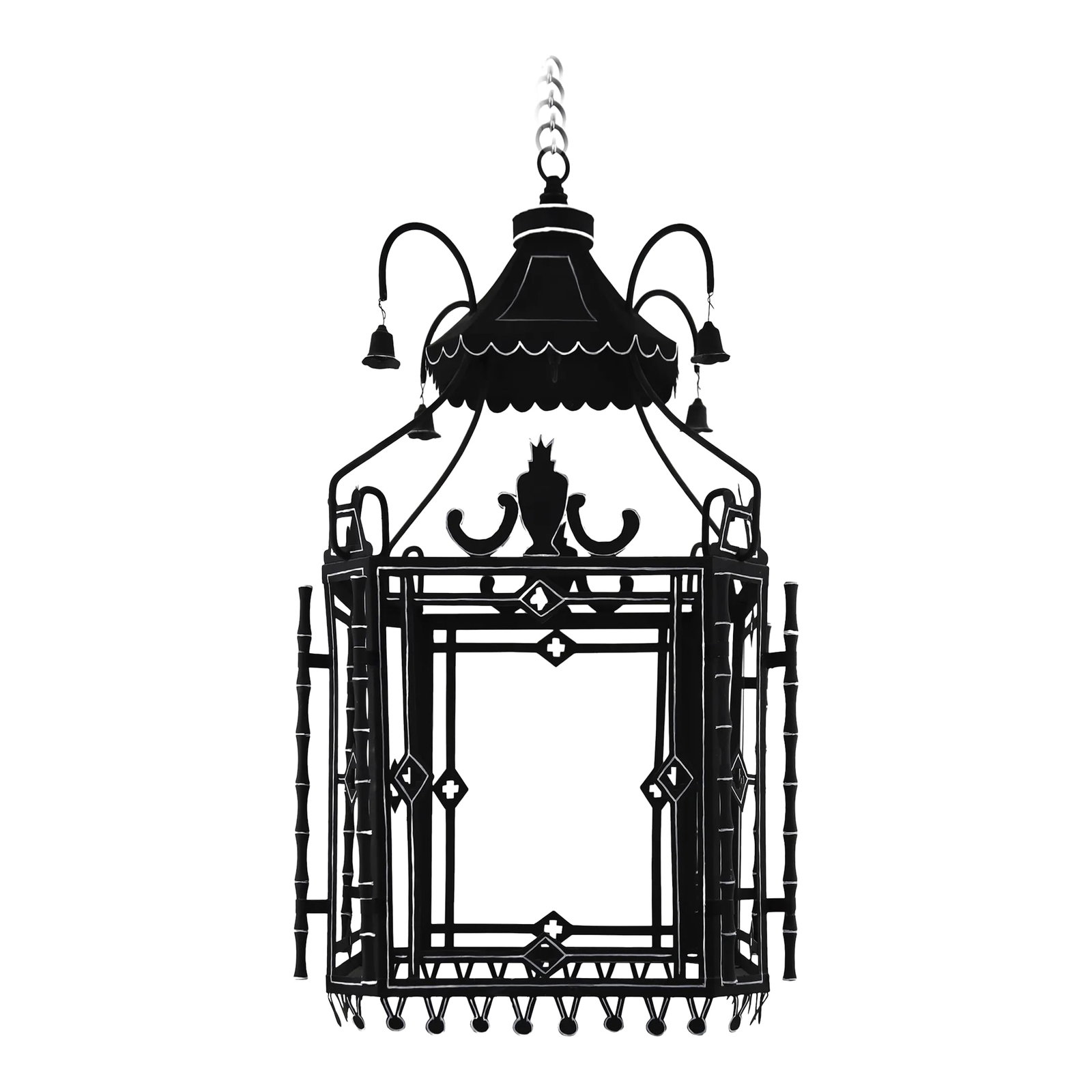 Black and White Tole Lantern Chandelier: Black and White Tole Lantern chandelier There is a 12" chain with canopy to the ceiling. Contact us if any adjustments needed with the chains. No glass included with the chandelier. Condition: