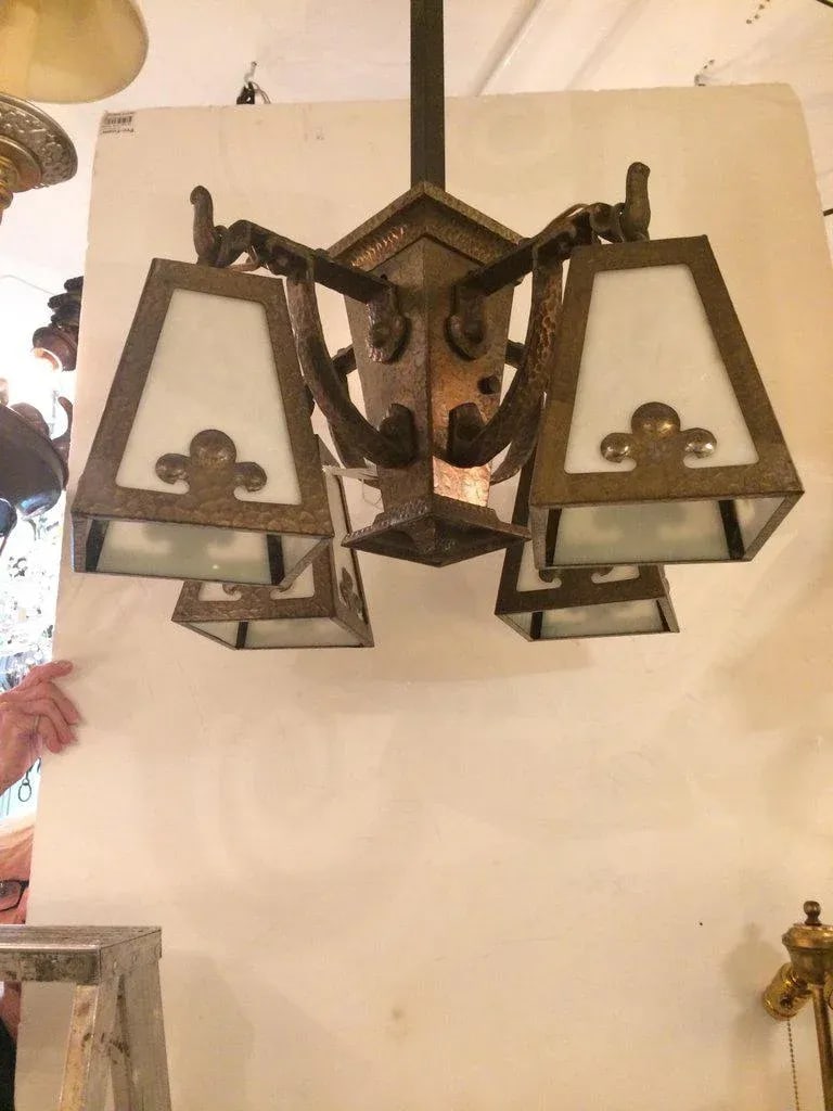 1920s Arts & Crafts Hammered Brass and Art Glass Chandelier - 2