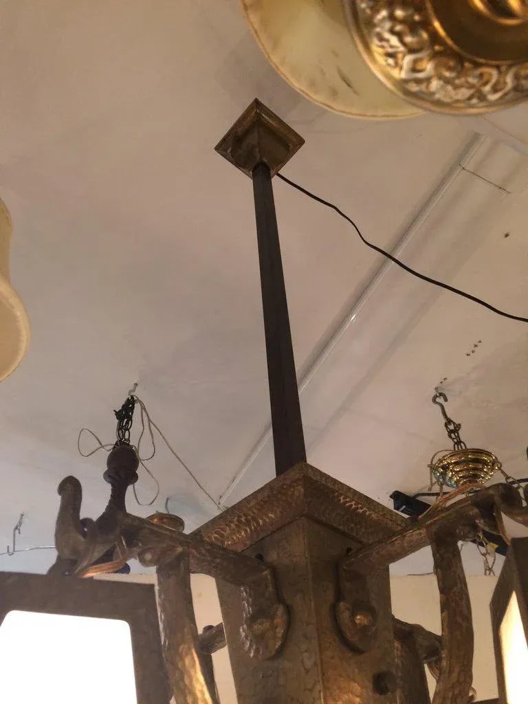 1920s Arts & Crafts Hammered Brass and Art Glass Chandelier - 4
