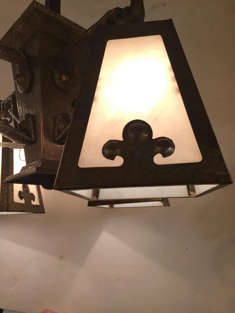 1920s Arts & Crafts Hammered Brass and Art Glass Chandelier - 5