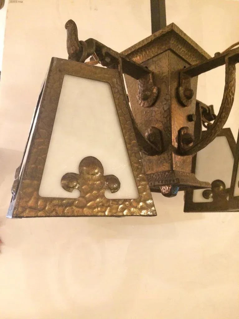 1920s Arts & Crafts Hammered Brass and Art Glass Chandelier - 6