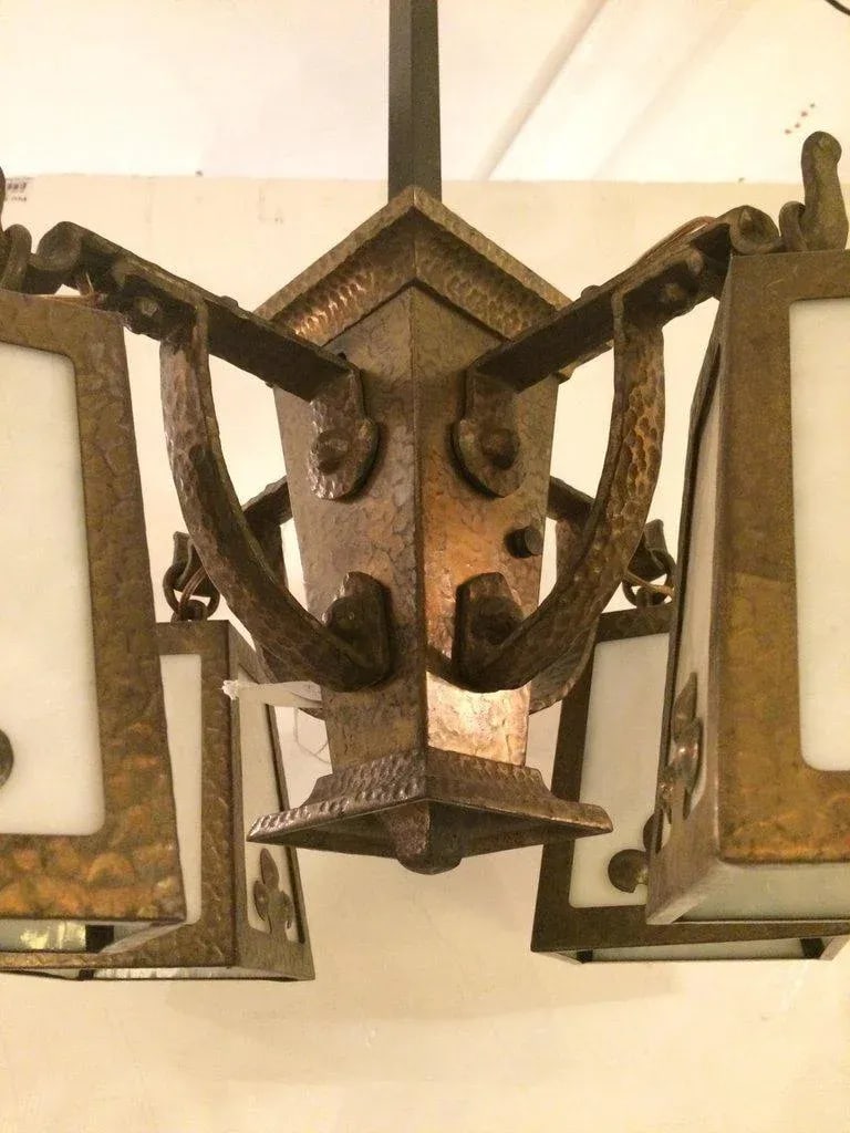 1920s Arts & Crafts Hammered Brass and Art Glass Chandelier - 8