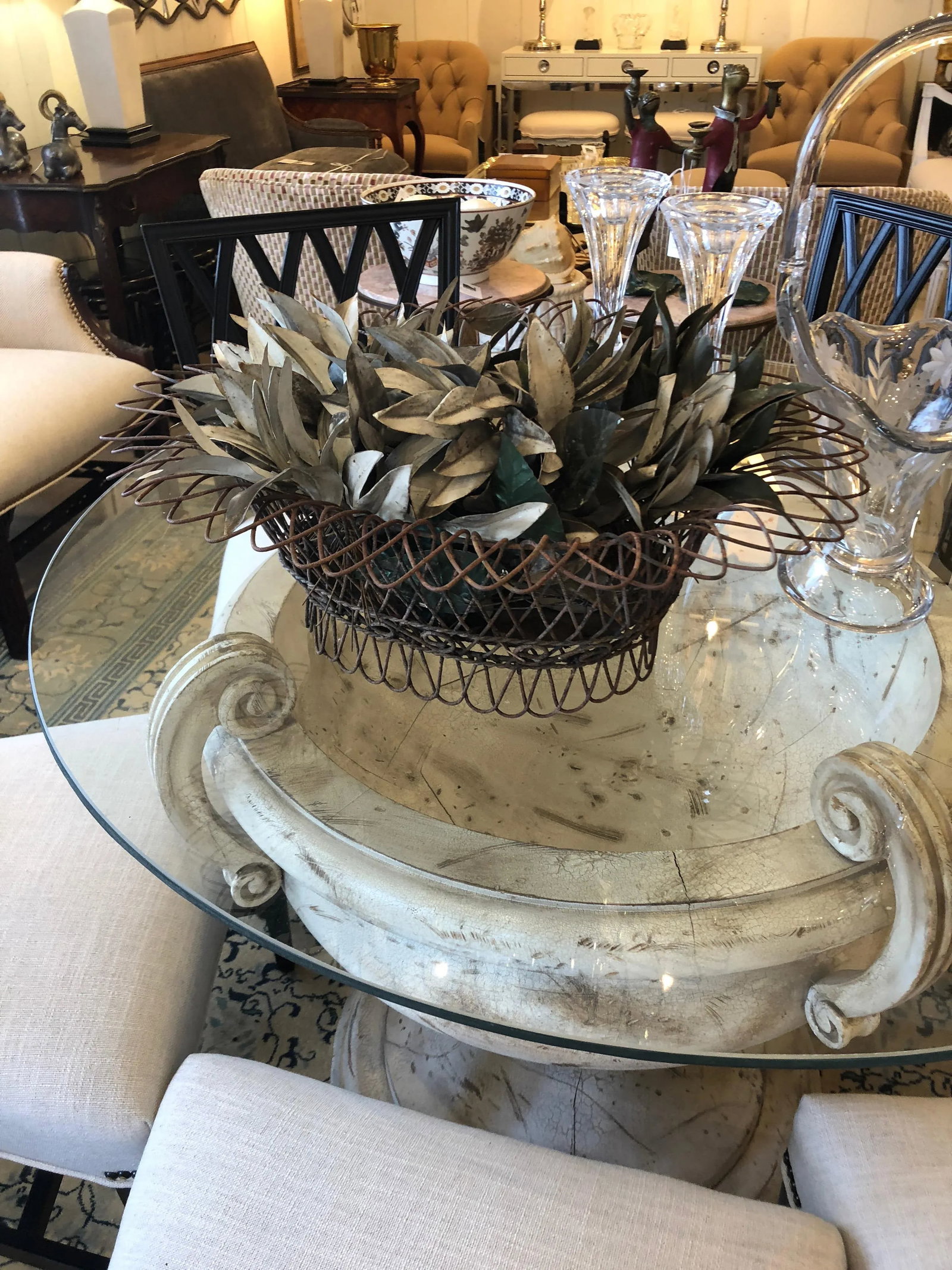 19th Century Wire Basket Planter With Decorative Tole Leaves - 10