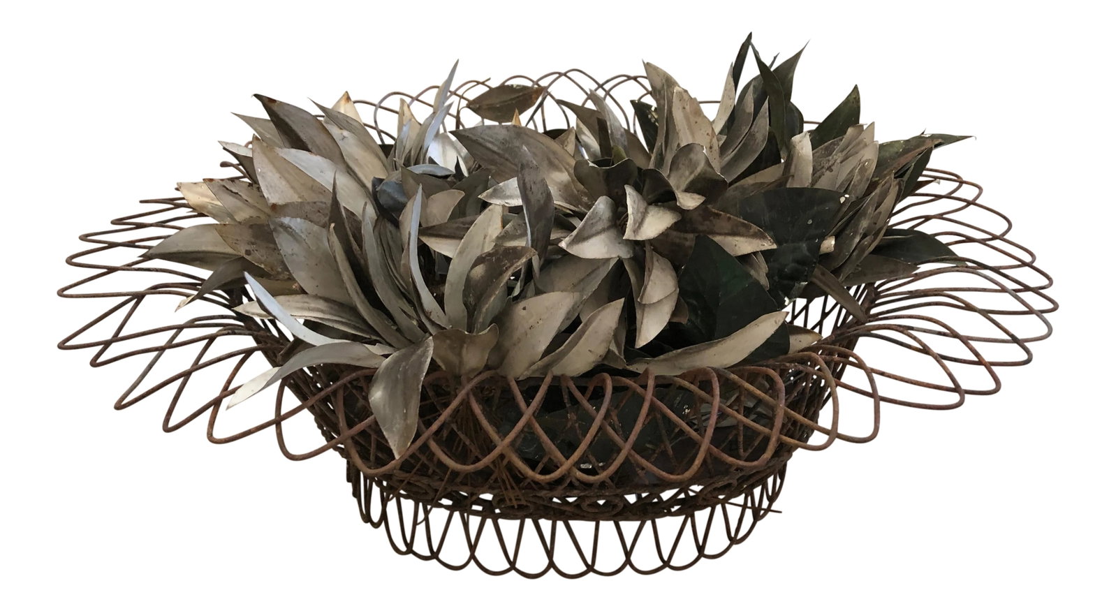 19th Century Wire Basket Planter With Decorative Tole Leaves: Wonderful tabletop accessory that's a 19th century wire and metal basket planter, filled with tole leaves in a gunmetal grey. Condition: Alterations: Original Condition Unaltered Imperfections: Some