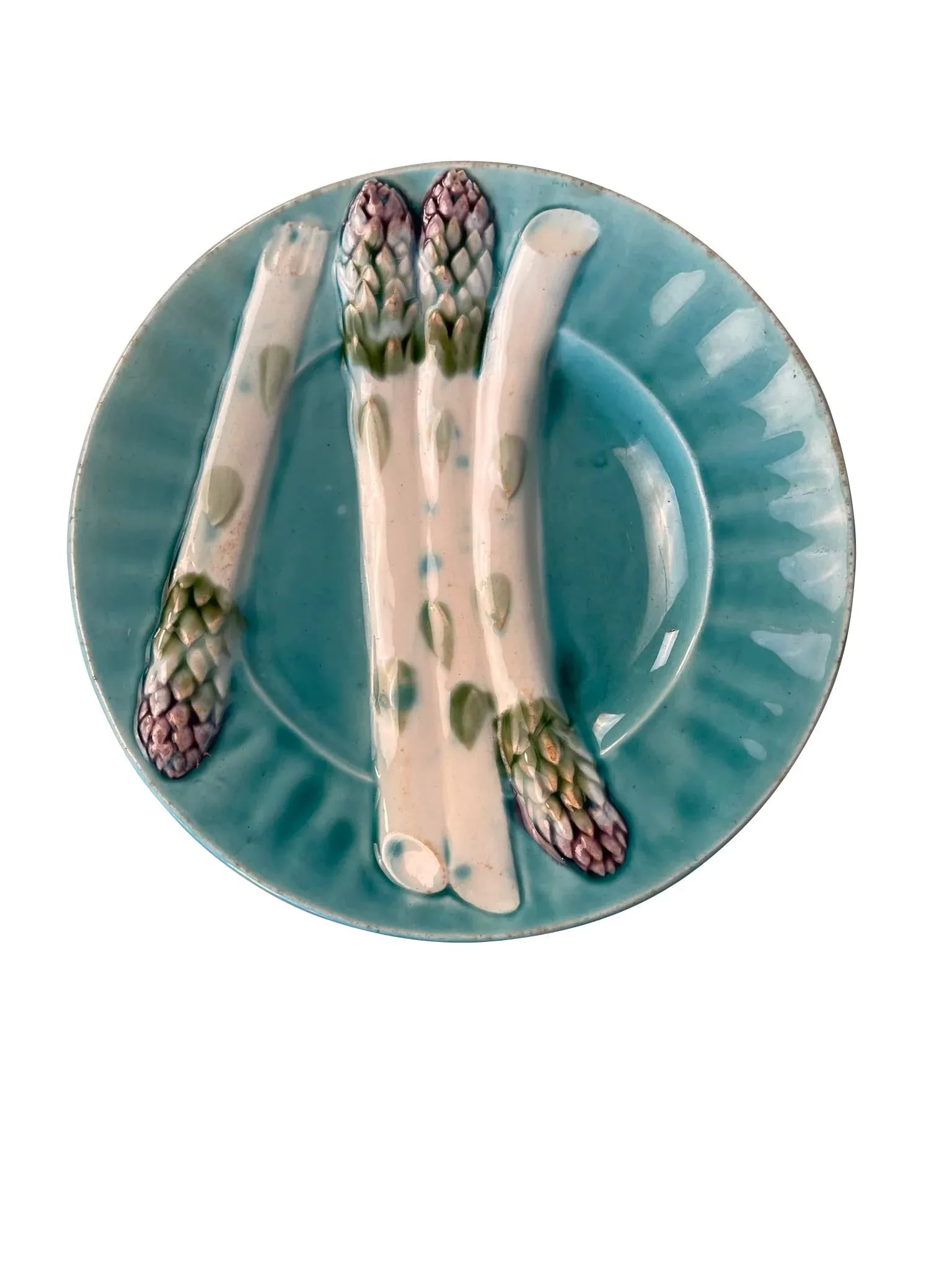 Set of Seven 1920s French Majolica Depose Kg Luneville Asparagus Plates - 2