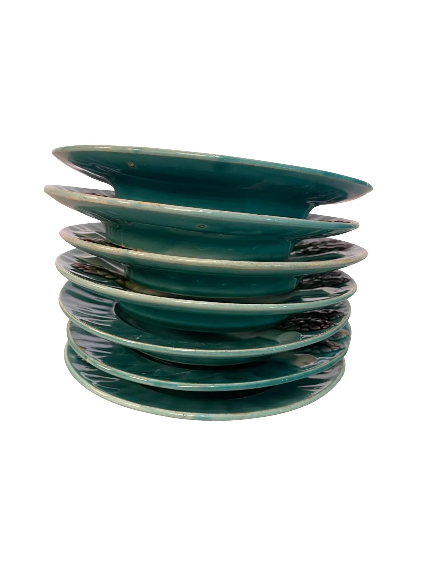 Set of Seven 1920s French Majolica Depose Kg Luneville Asparagus Plates - 7