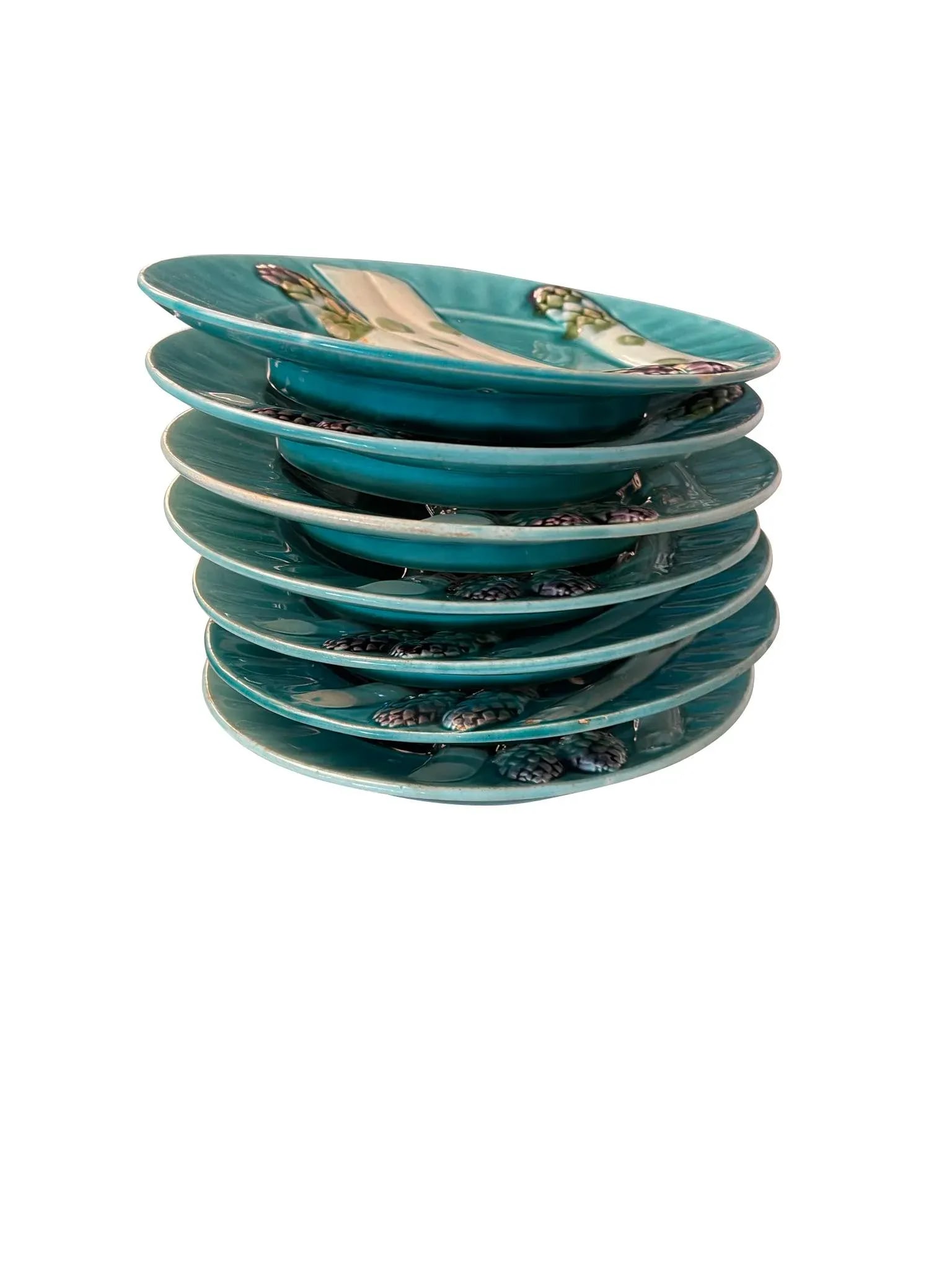Set of Seven 1920s French Majolica Depose Kg Luneville Asparagus Plates - 8