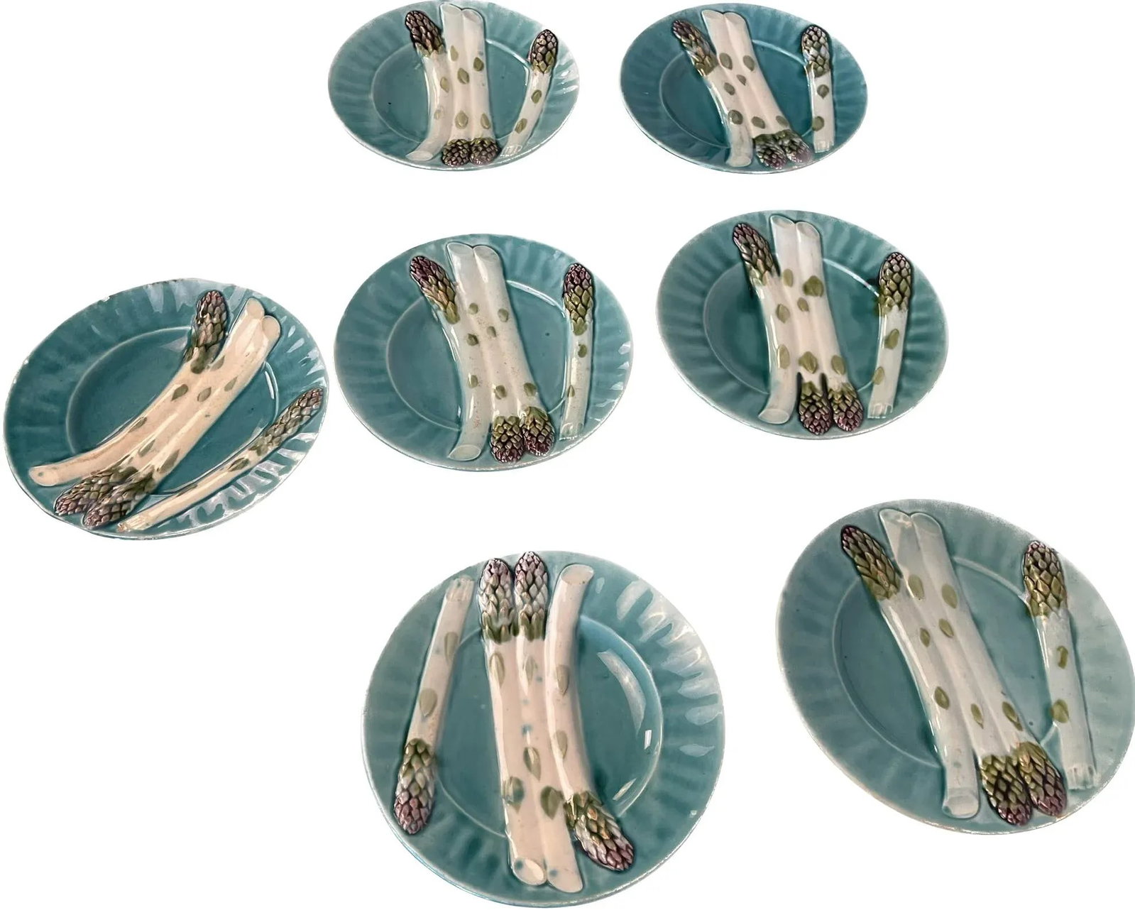 Set of Seven 1920s French Majolica Depose Kg Luneville Asparagus Plates - 9