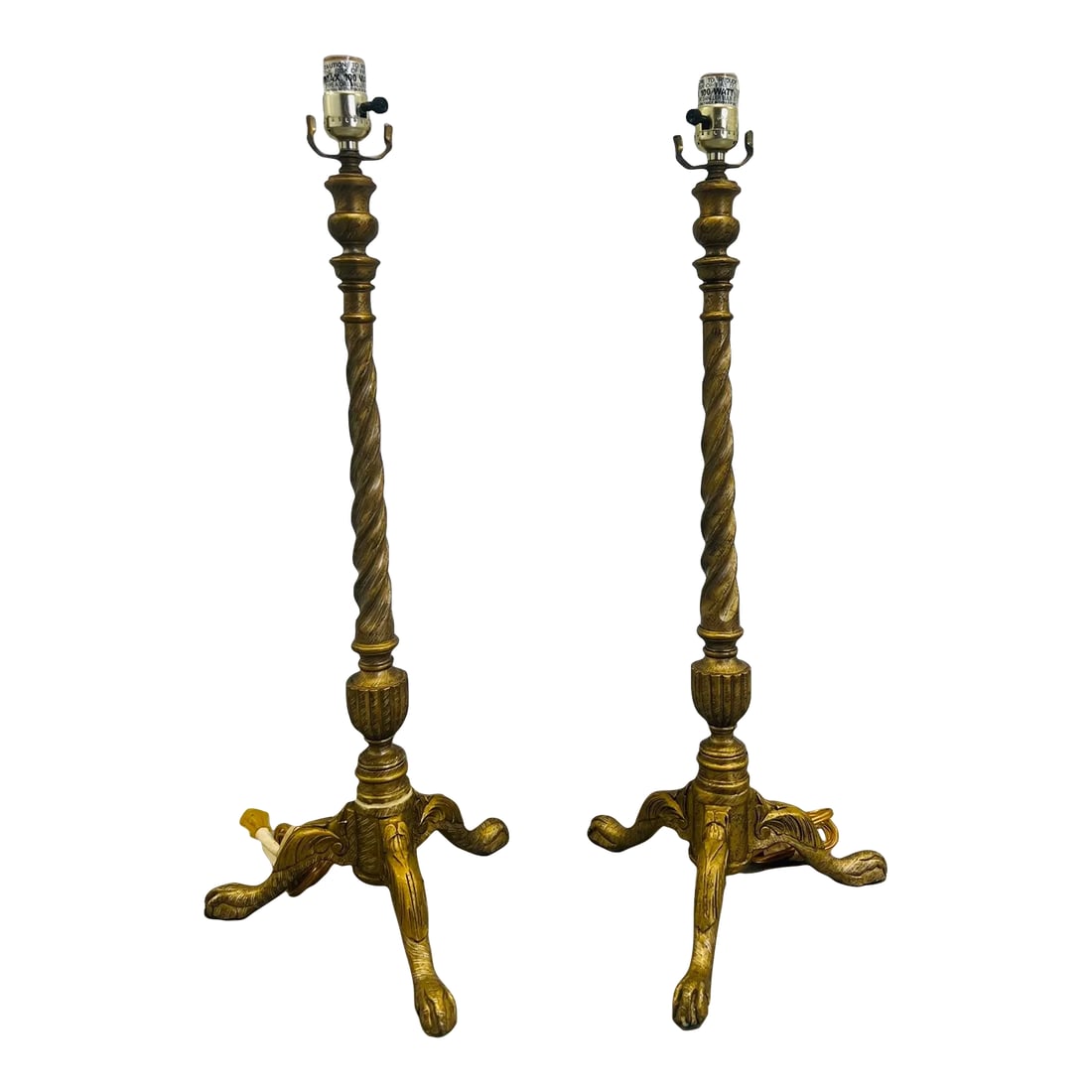 Pair, Vintage Italian Barley Twist Chippendale Style Gilt Wood Table Lamps: These vintage Italian Barley Chippendale style gilt wood table lamps are a stunning example of timeless elegance and craftsmanship. Each lamp stands at approximately 28 inches in height, making them