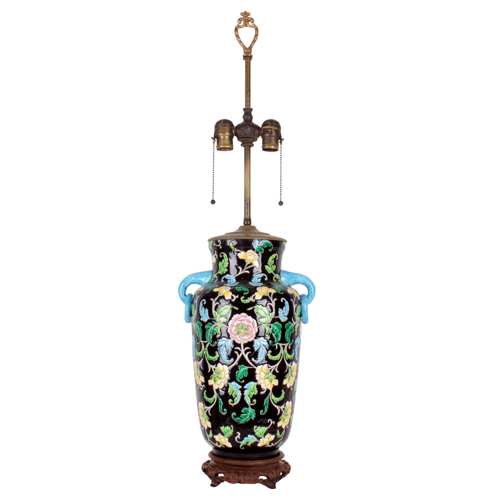 1900s Asian Antique Famille Noir Table Lamp: Antique famille noir lamp Mounted on carved wood base with engraved brass cover and finely crafted lamp fittings. 10 1/4 inches wide by 8 inches deep by 35 inches total height height of vase and stand