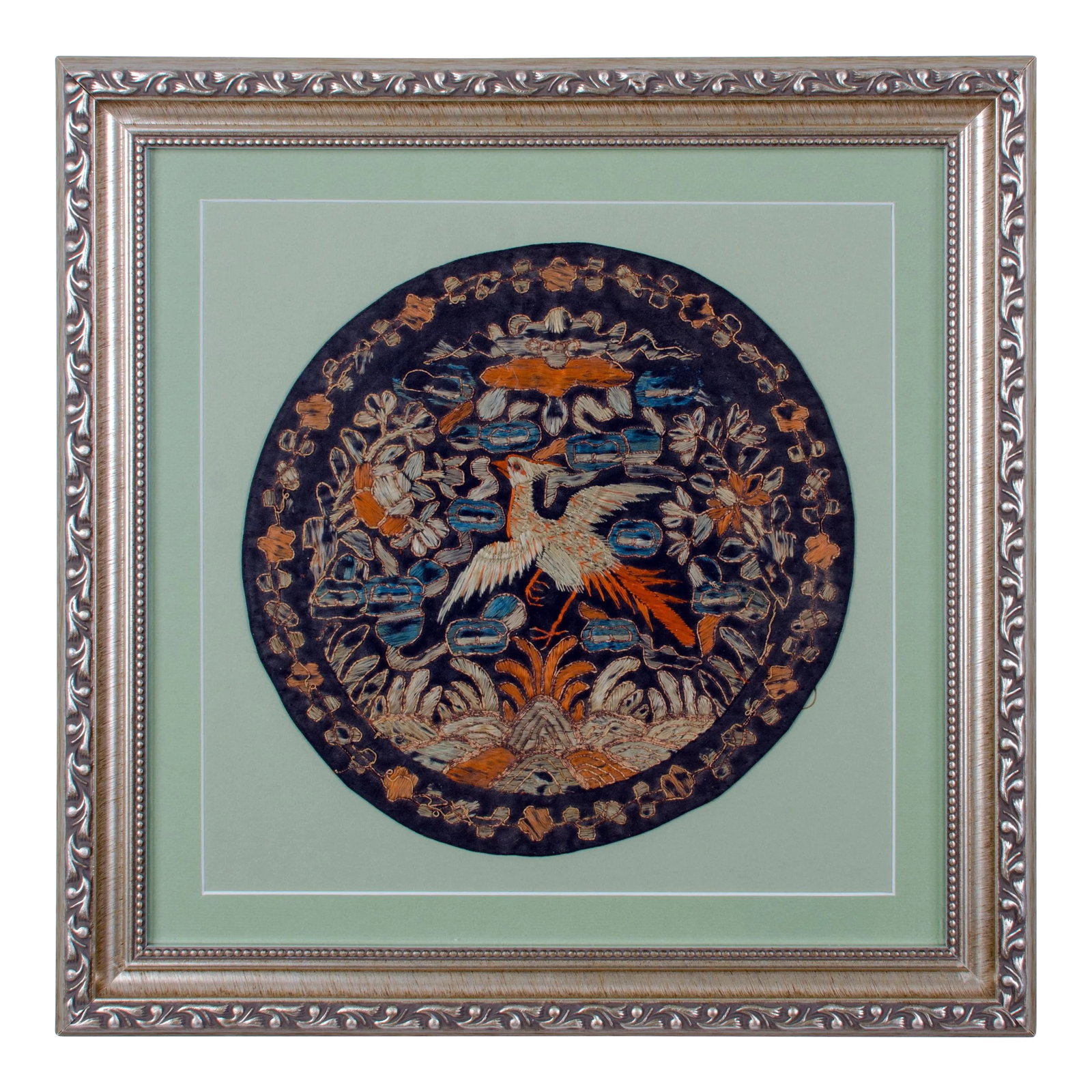 Late 19th Century Chinese Qing Dynasty Roundel Rank Badge: Offered is a Qing Dynasty civil rank badge. Centered in the embroidery is a silver pheasant. Sight 9 by 9 inches circle Frame 14 1/8 by 14 1/8 inches The badge is in good condition and has been