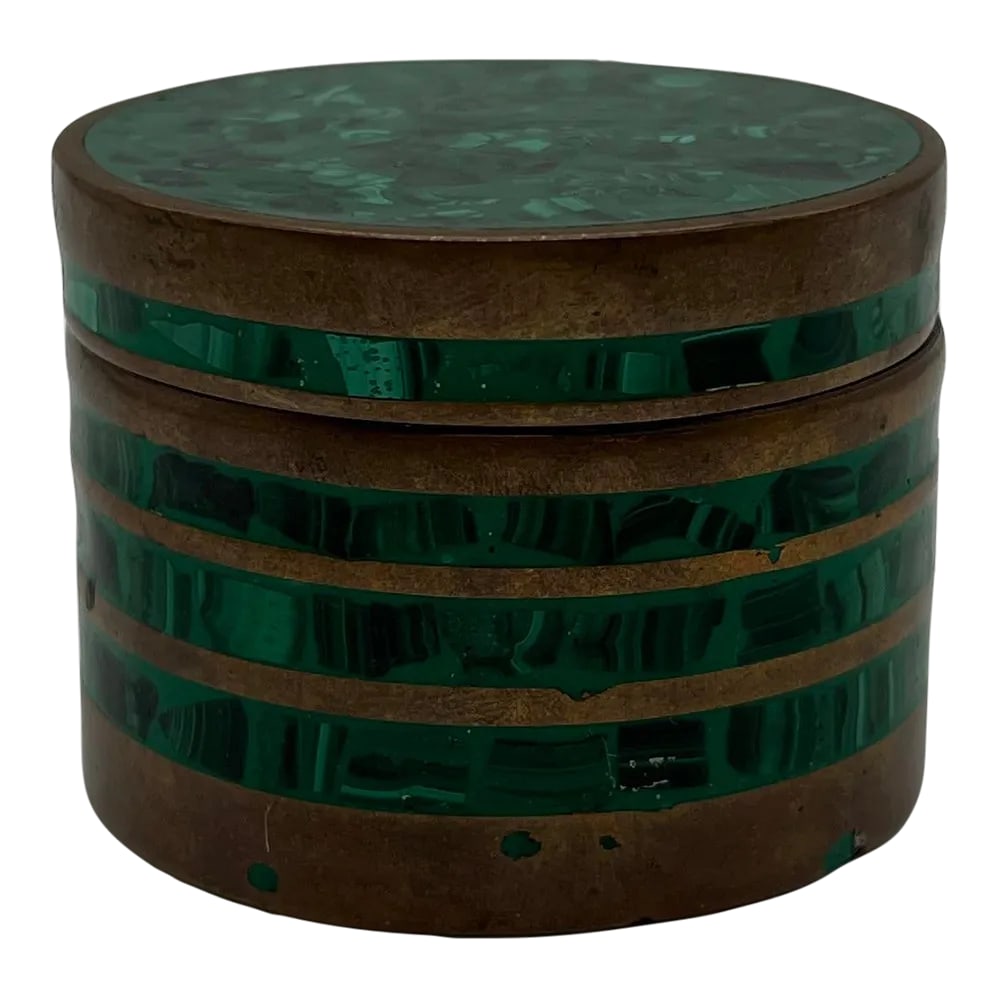 Vintage Mid Century Malachite & Brass Mounted Table Box: A mid century malachite table box with tiered brass ring mounts. Original velvet interior. Unmarked. Condition: Alterations: Original Condition Unaltered Imperfections: Some Imperfections Condition No