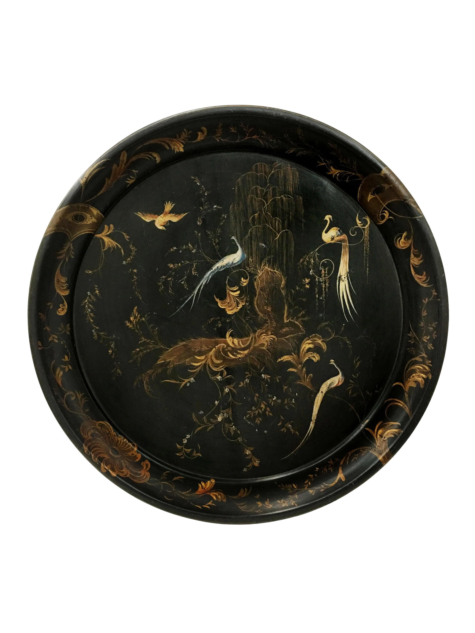 Handpainted Vintage Peacock and Floral Tea Tray: Inspired by vintage tea trays from the past, this hanpainted scene featuring peacocks amongst delicately drawn trees and plants makes a charming addition to any home. Condition: Alterations: Original