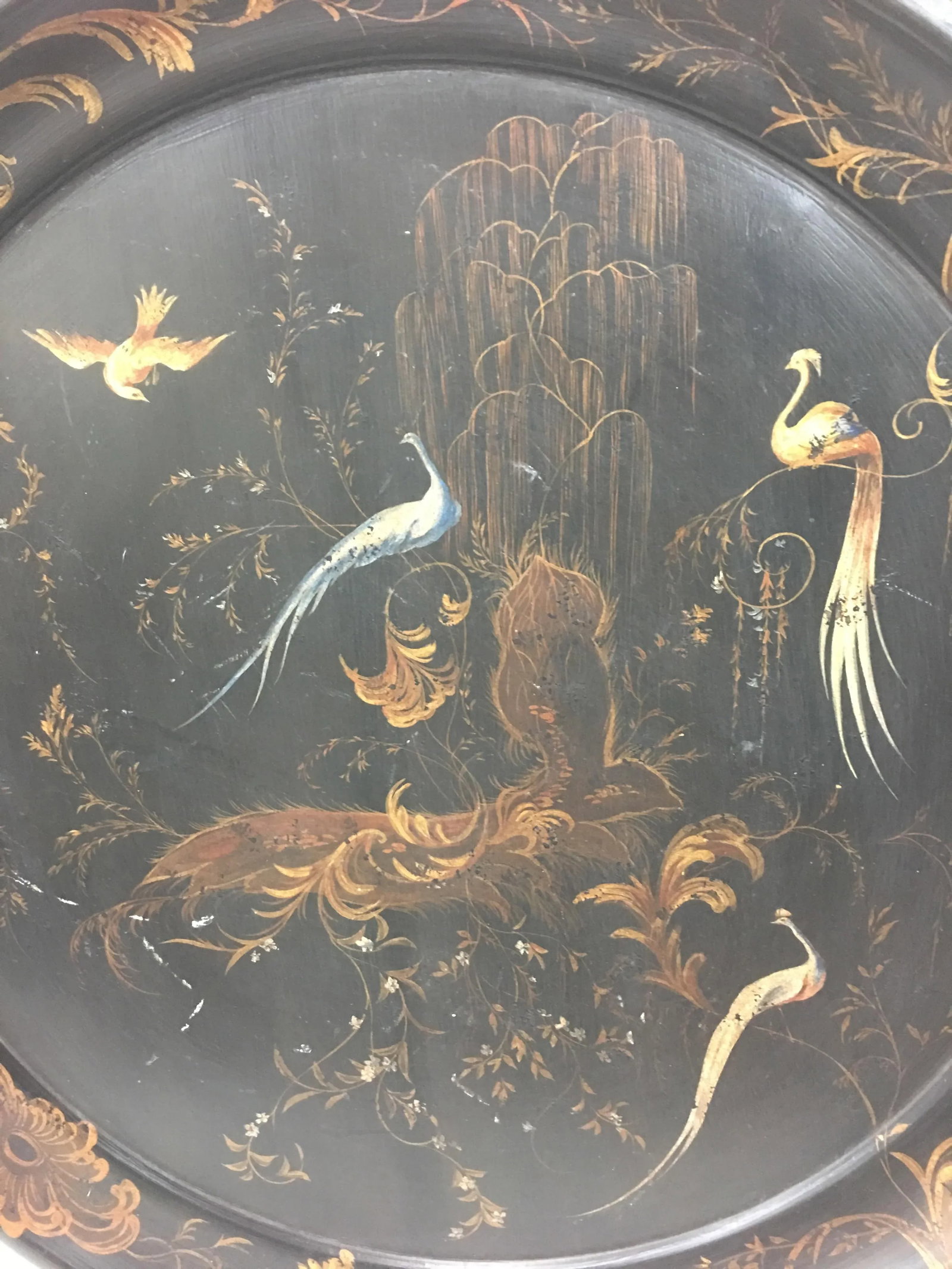 Handpainted Vintage Peacock and Floral Tea Tray - 4