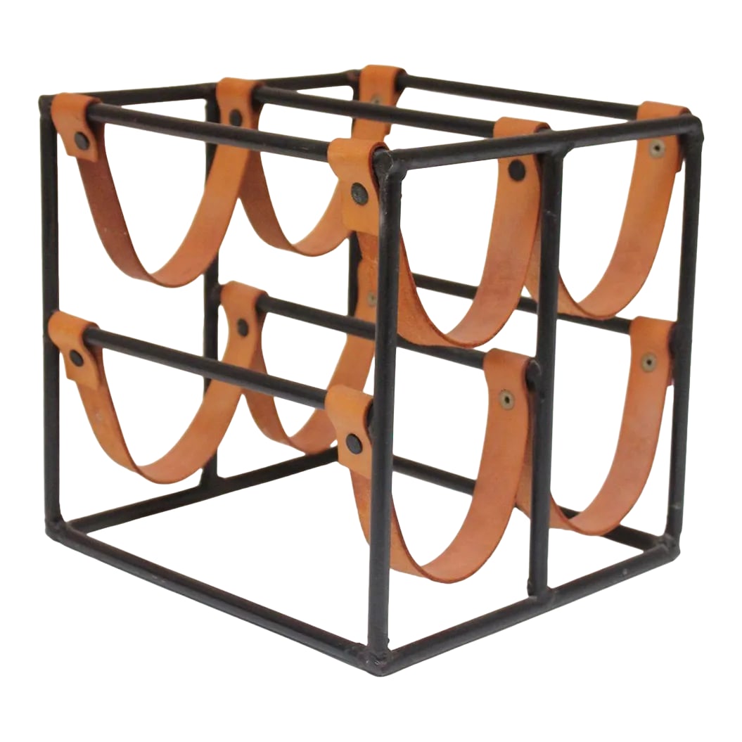 Vintage Iron and Leather Wine Rack by Arthur Umanoff: Mid-Century American Modern wine rack by Arthur Umanoff for Shaver Howard composed of eight saddle-leather strap holders and wrought iron frame. All original condition, appearing to be barely used,