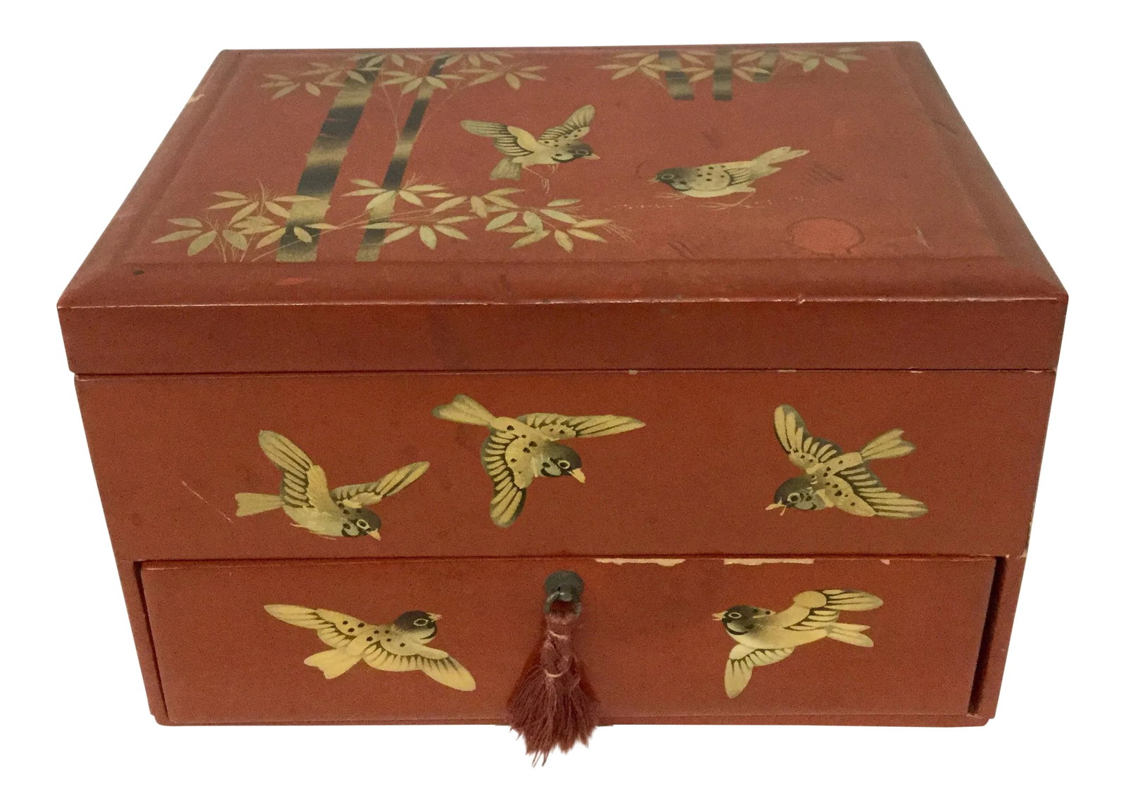 1930s Vintage Japanese Lacquerware Hand-Painted Jewelry Box: This one is a beauty. The painting is magnificent. The details superb. It has been around for decades and does have a few dings here and there but I think it still looks gorgeous. The top totally come