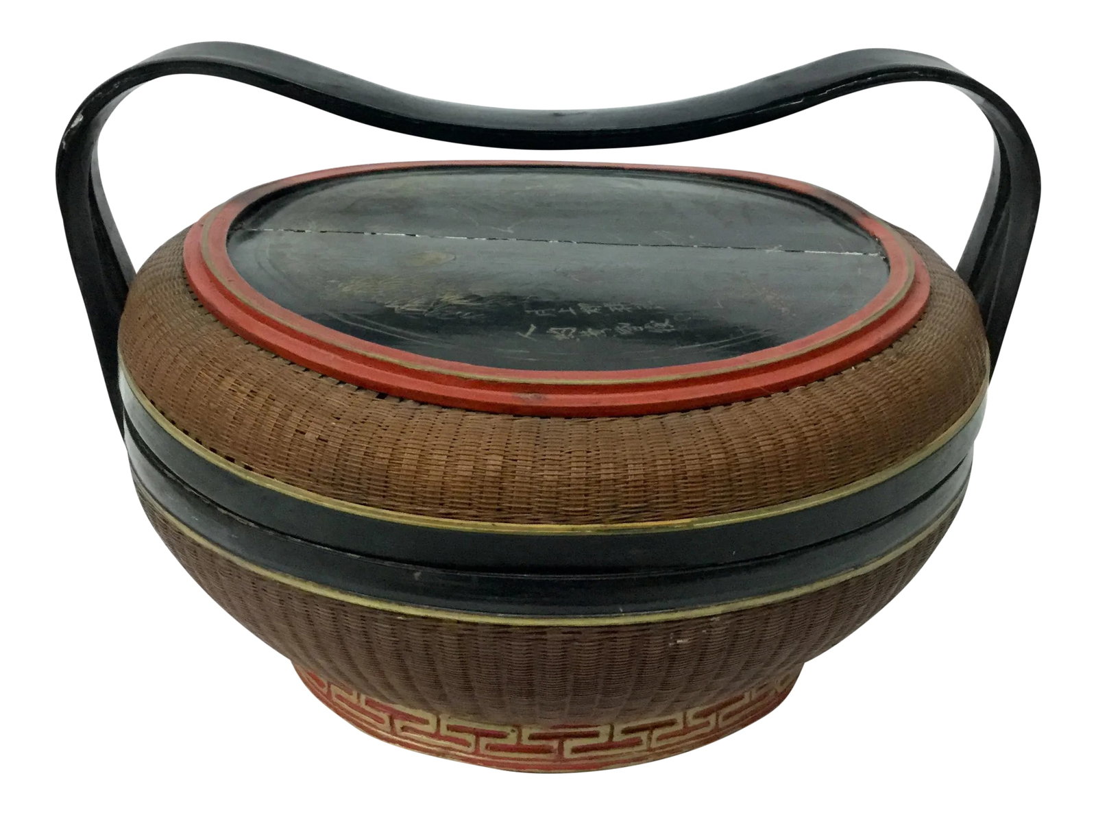 Antique Chinese Wood and Rattan Rice Box: Beautiful antique woven and wood hand painted box from China. Original condition and very few defects. We love the curvy handle and the painted lady on the lid. Such lovely details all over this