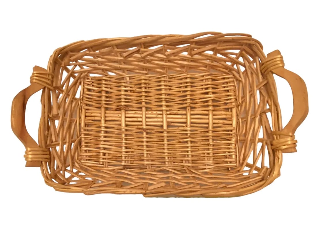 Mid 20th Century Vintage Wicker Rectangle Double-Handled Flower Market Basket - 12