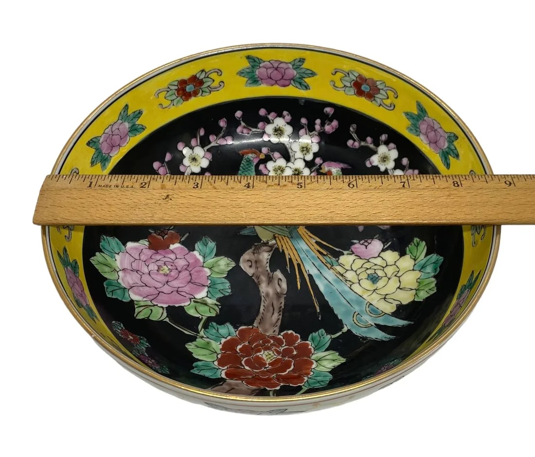 Mid 20th Century Gold Imari Porcelain Centerpiece Bowl With Hand-Painted Peacocks, Cherry Blossoms, - 10