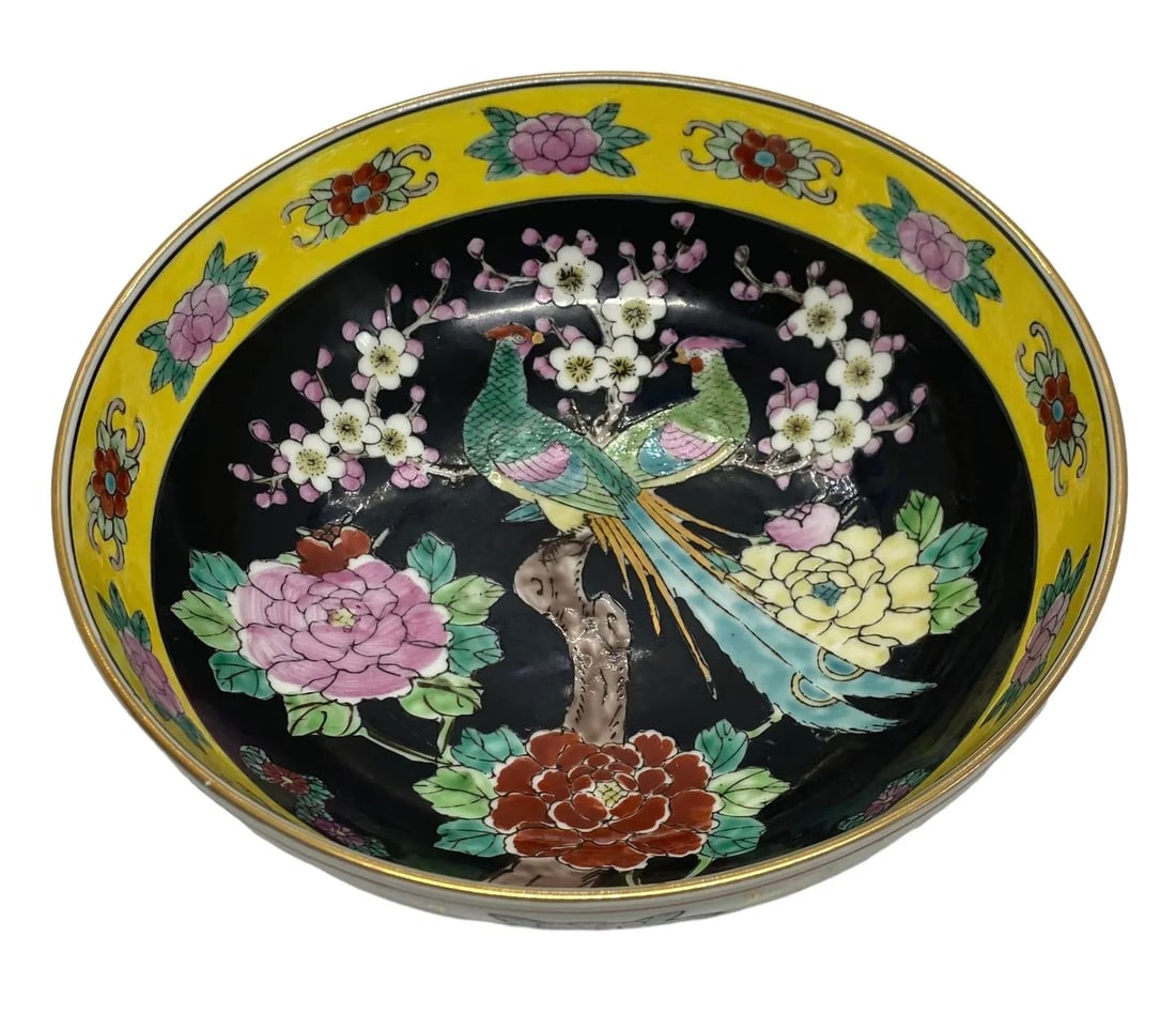 Mid 20th Century Gold Imari Porcelain Centerpiece Bowl With Hand-Painted Peacocks, Cherry Blossoms, - 12