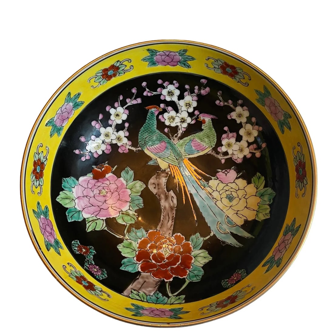 Mid 20th Century Gold Imari Porcelain Centerpiece Bowl With Hand-Painted Peacocks, Cherry Blossoms, - 13