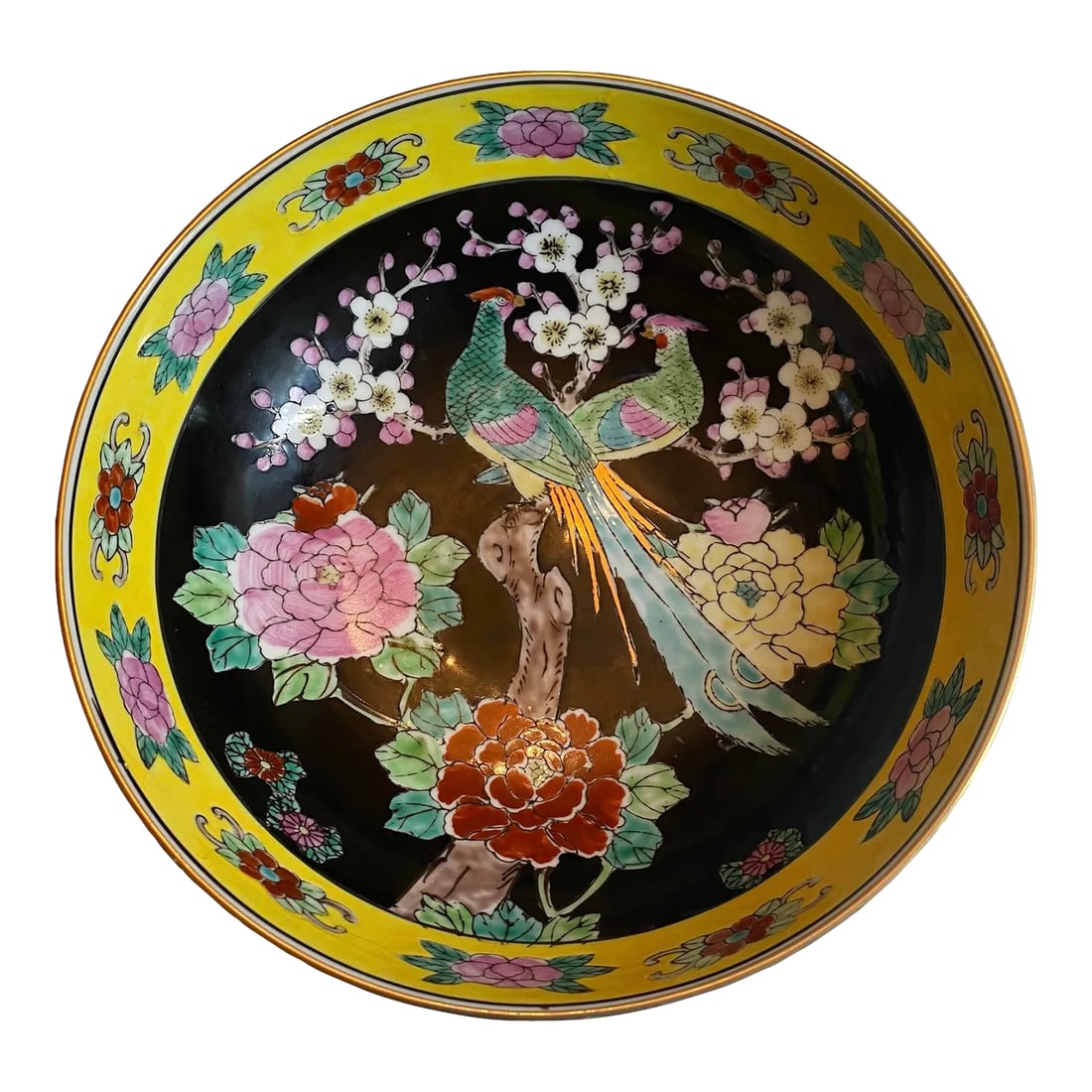 Mid 20th Century Gold Imari Porcelain Centerpiece Bowl With Hand-Painted Peacocks, Cherry Blossoms,: Mid 20th Century Gold Imari Porcelain Centerpiece Bowl With Hand-Painted Peacocks, Cherry Blossoms, and Peonies Design. This stunning Gold Imari Porcelain Centerpiece Bowl was made in the 1960's and