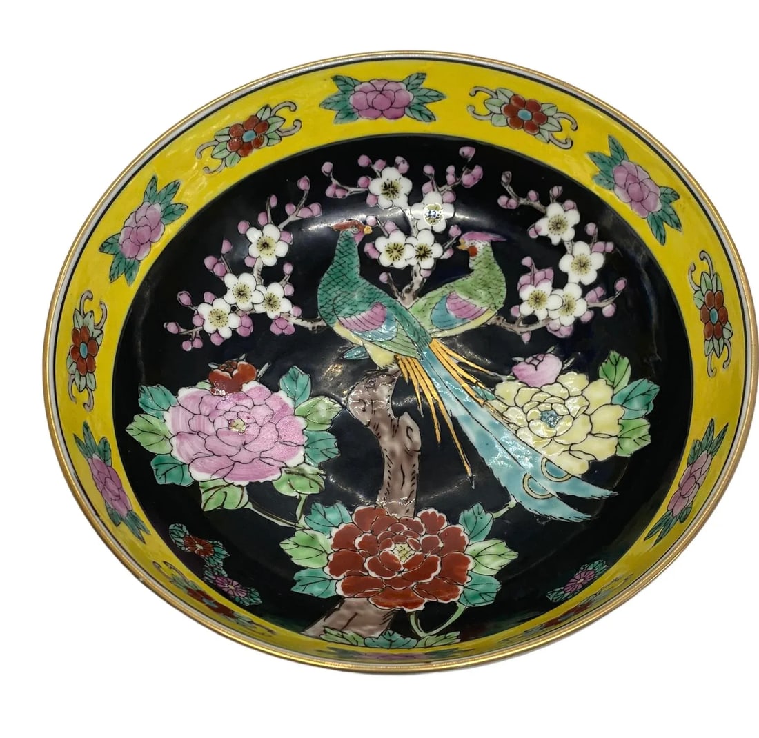 Mid 20th Century Gold Imari Porcelain Centerpiece Bowl With Hand-Painted Peacocks, Cherry Blossoms, - 2