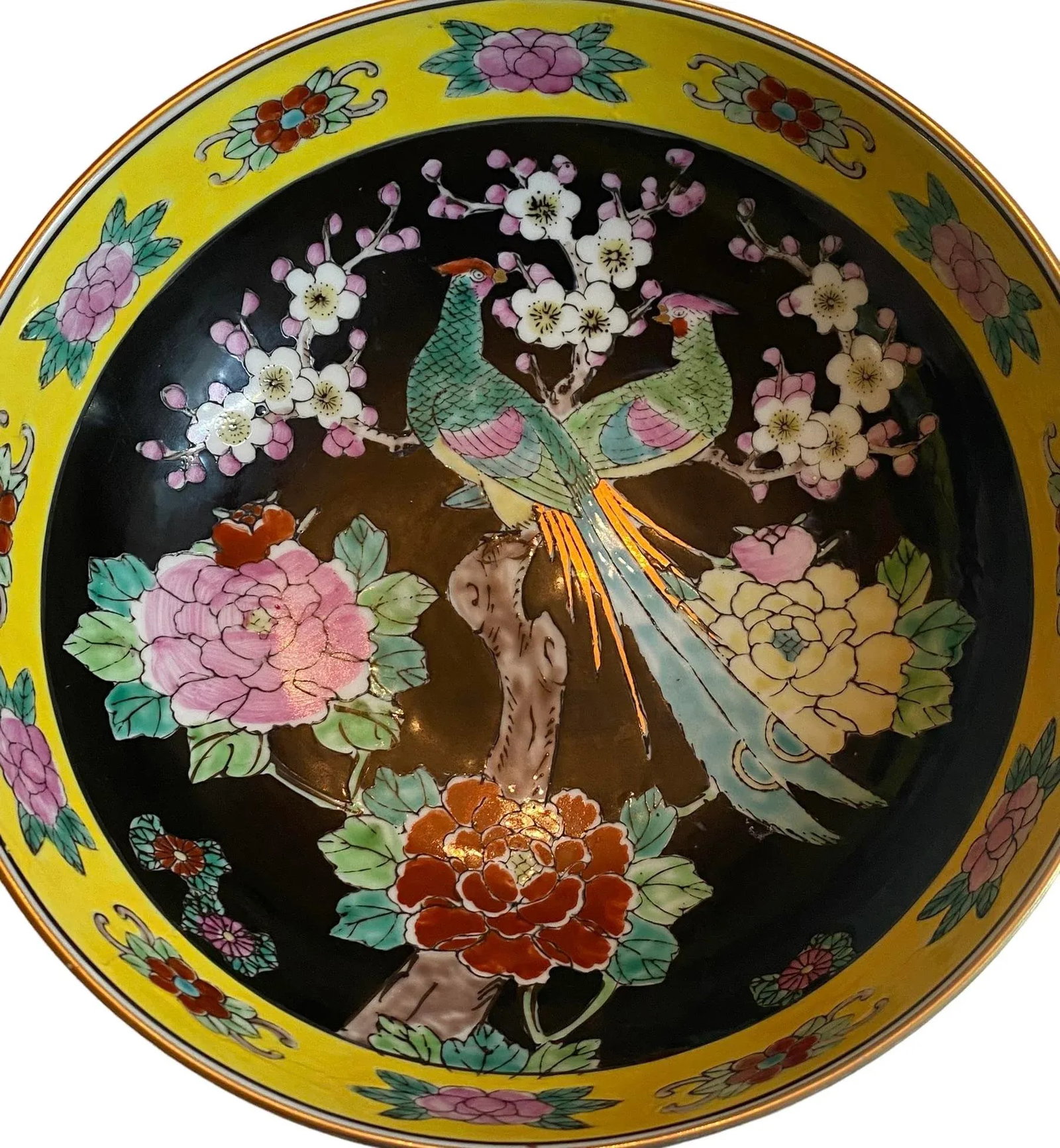 Mid 20th Century Gold Imari Porcelain Centerpiece Bowl With Hand-Painted Peacocks, Cherry Blossoms, - 3