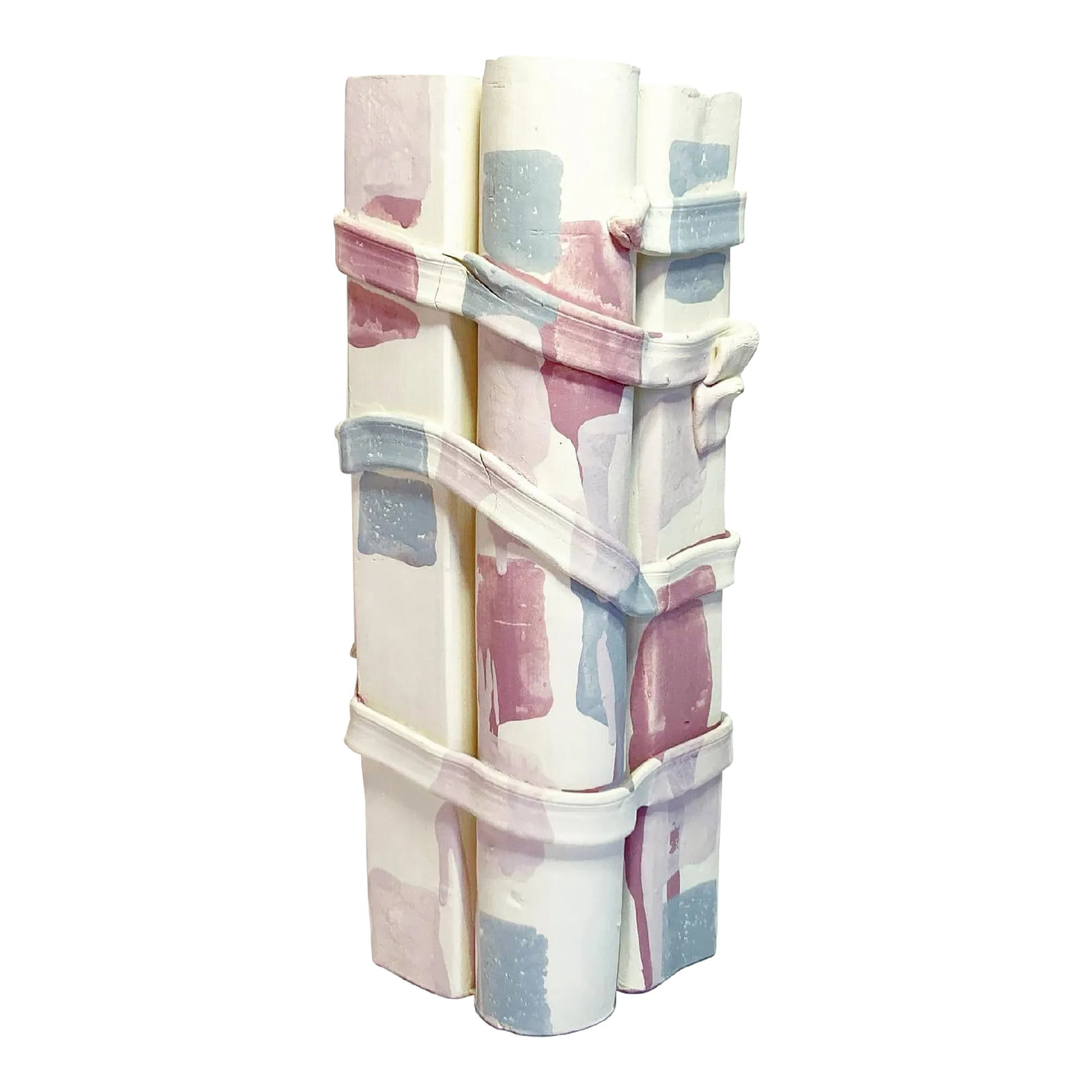 Postmodern Abstract Triple Column Pillar Vase: Dive into the world of postmodern design with the Postmodern Abstract Triple Column Pillar Vase. This unique piece boasts three distinct columns, adorned with an abstract blue & pink design. It's not