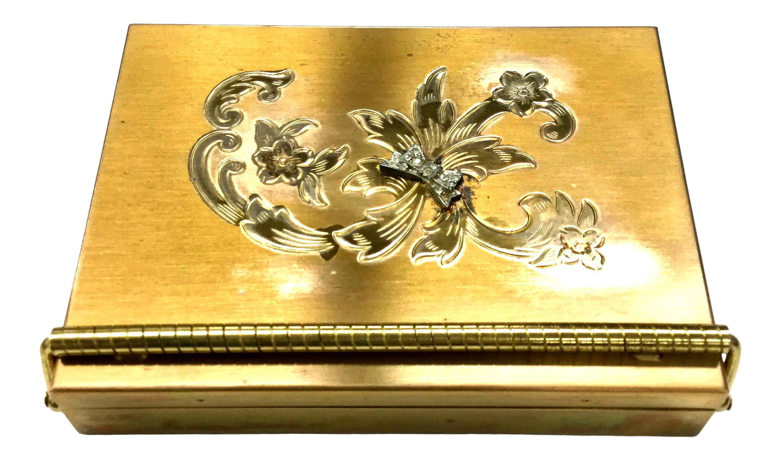 Vintage Renown Volupte Brass Vanity Case: A very nice example of vintage accessories at their best. This Signed lovely little multiple compartment case by Volupte is solid Brass with etched designs and a rhinestone bow on the top. Inside you