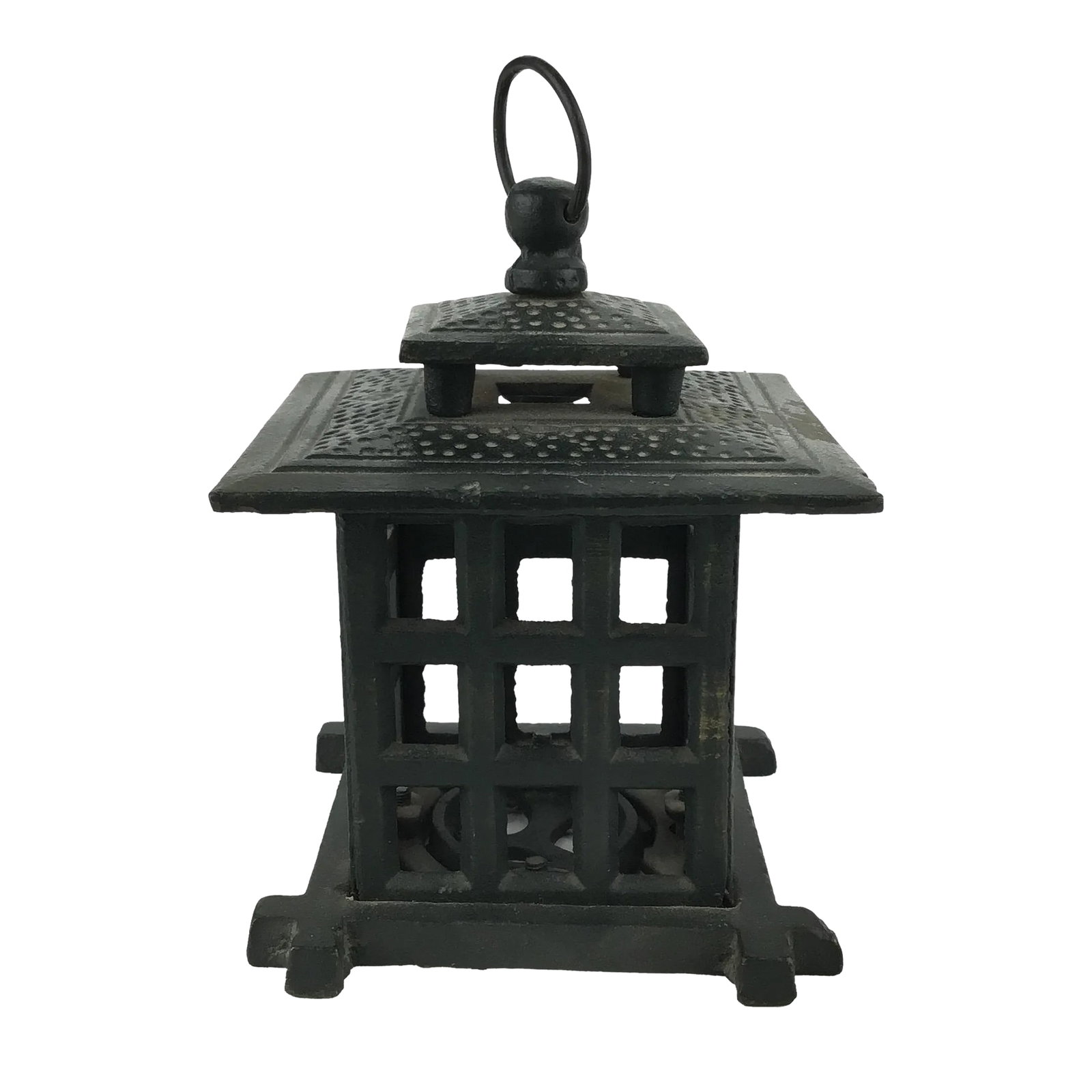 Heavy Vintage Wrought Iron Hanging Votive Candle Holder: Such a clever piece of art. Japanese styled hanging candle holder. Heavy and yet elegant. Probably from the 70's. Condition: Alterations: Original Condition Unaltered Imperfections: Some