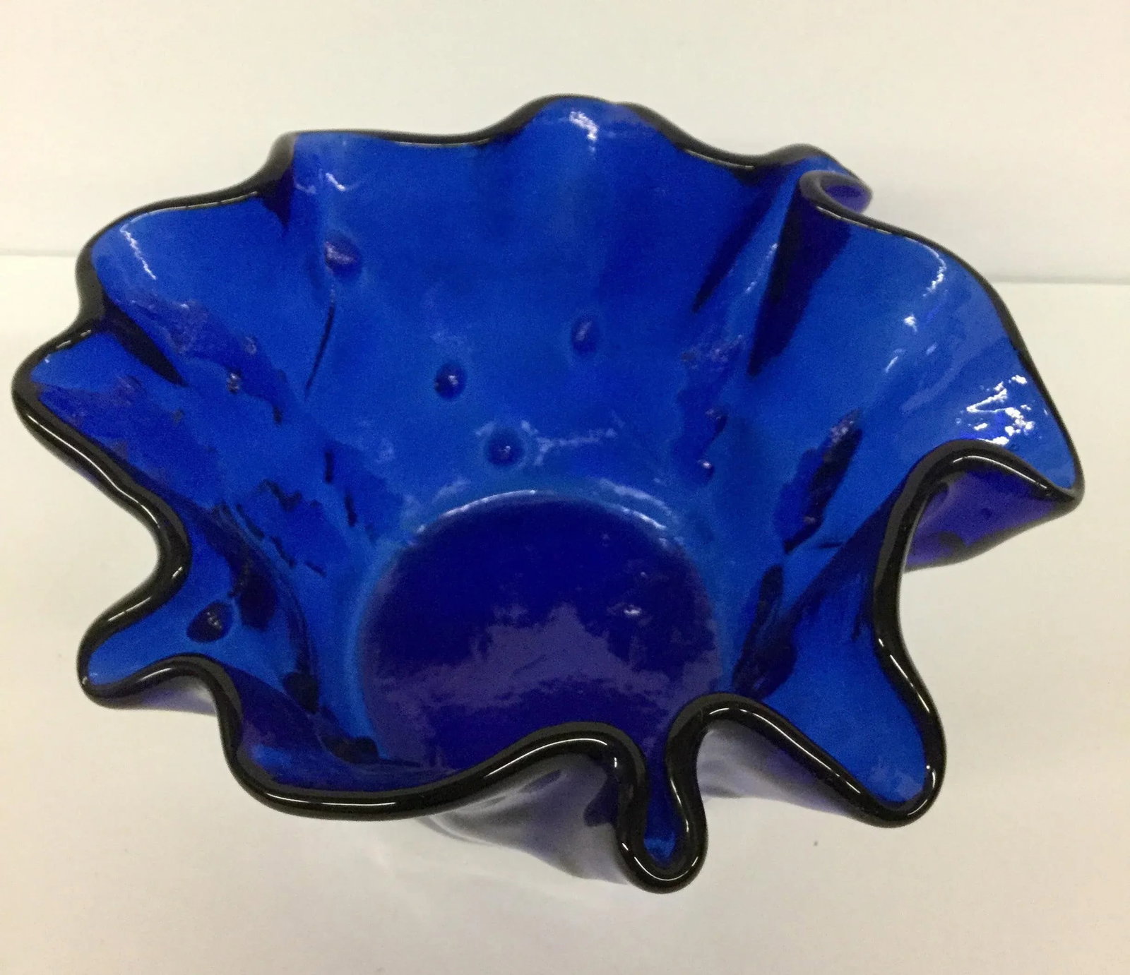Vintage Cobalt Glass Ruffled Vase - 2
