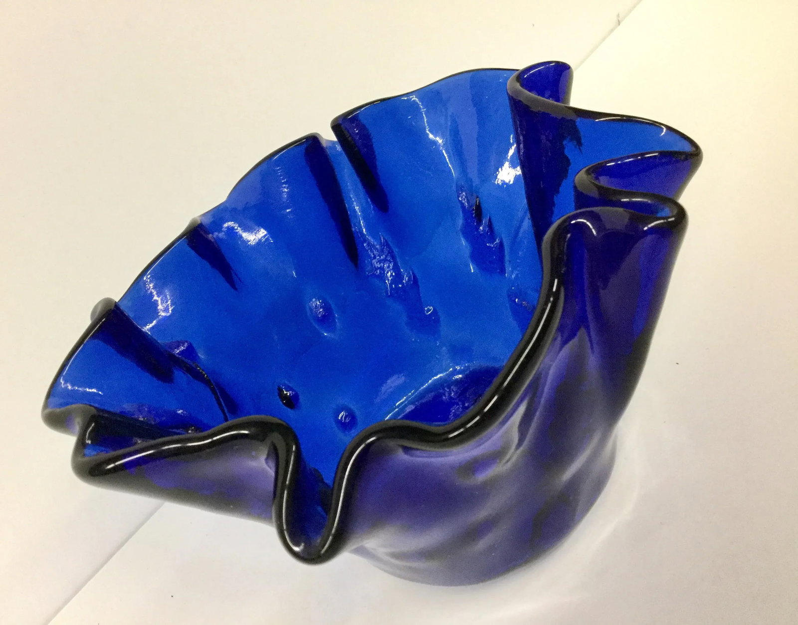 Vintage Cobalt Glass Ruffled Vase - 4