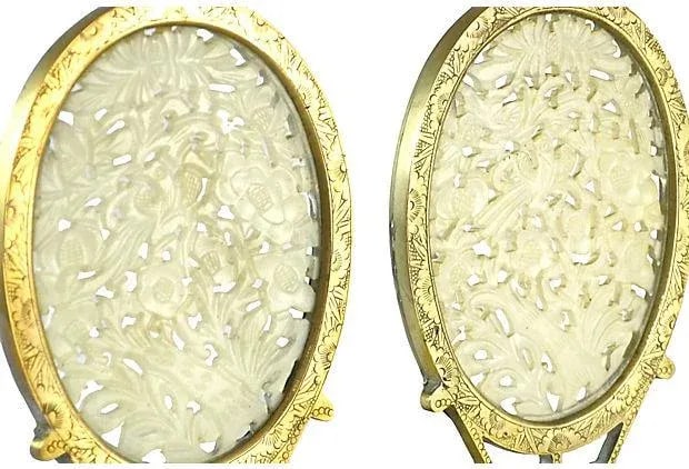 Chinese Carved Jade & Brass Bookends - a Pair - 2