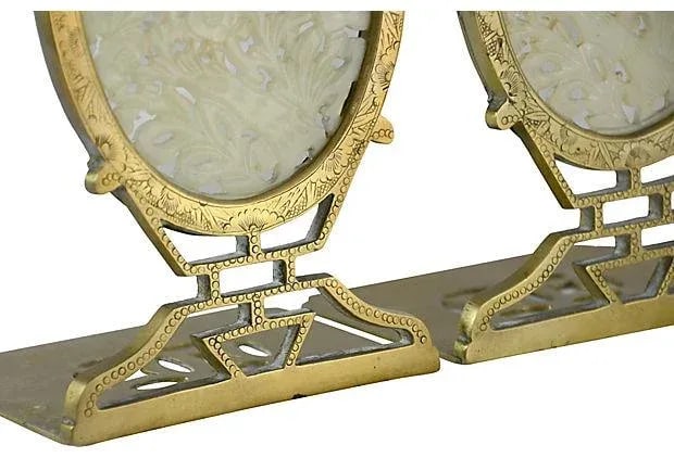 Chinese Carved Jade & Brass Bookends - a Pair - 3