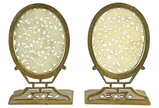 Chinese Carved Jade & Brass Bookends - a Pair - 4