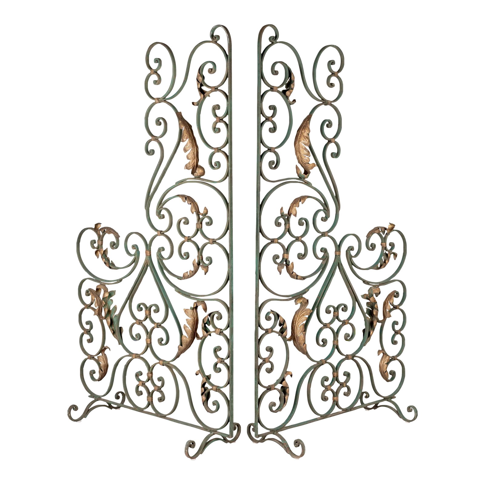 Pair of French Wrought Iron Screens or Room Dividers: A pair of French Art Deco wrought iron screens or room dividers with original green painted patina and gilt tole leaves. Heavy, free-standing frames with good quality iron work. Circa 1930-1950. Each