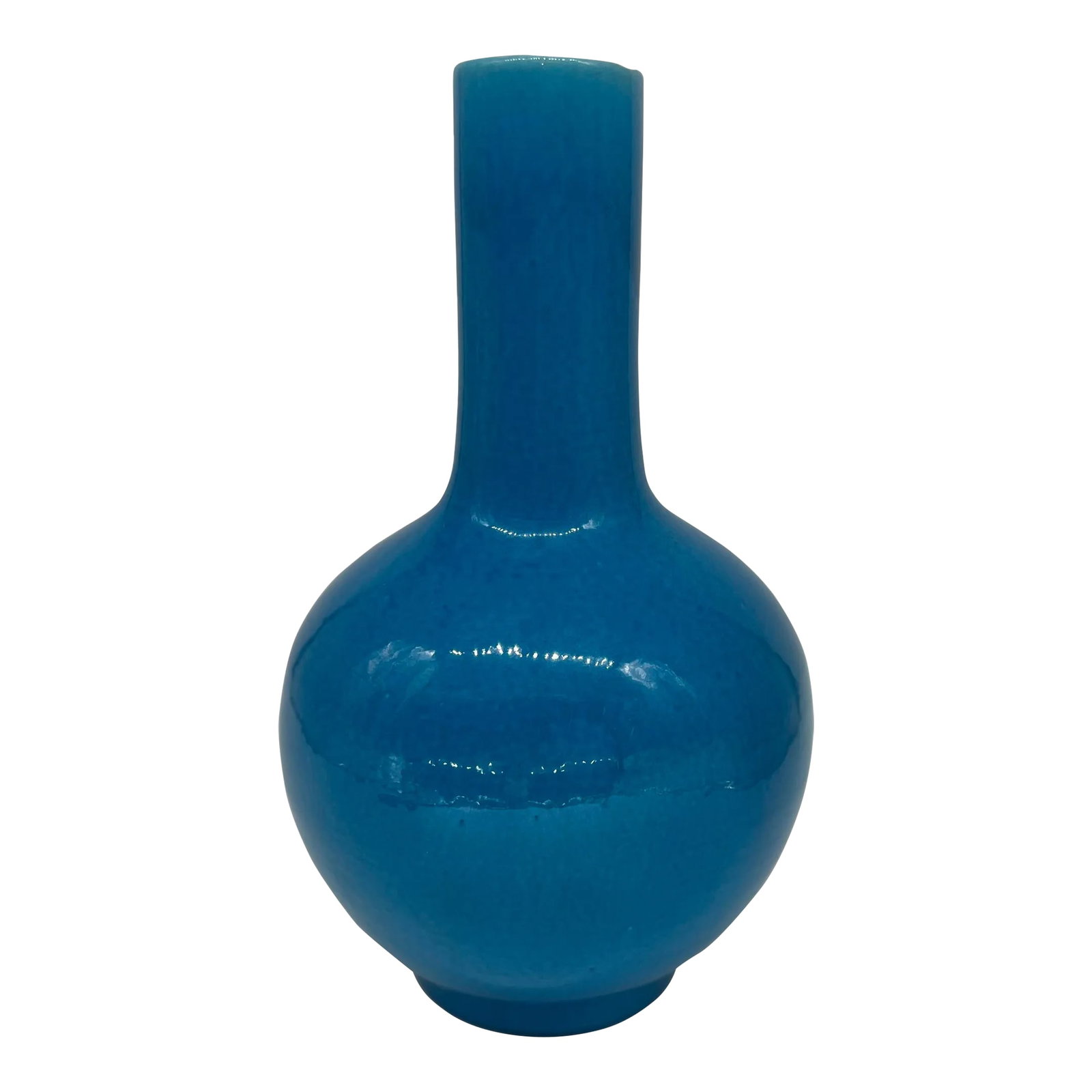 Chinese Peacock Blue Monochrome Bottle Form Vase 14": Chinese, 20th century. A beautiful Chinese peacock blue colored bottle vase. The underside with 6 character mark. Condition: Alterations: Original Condition Unaltered Imperfections: Some