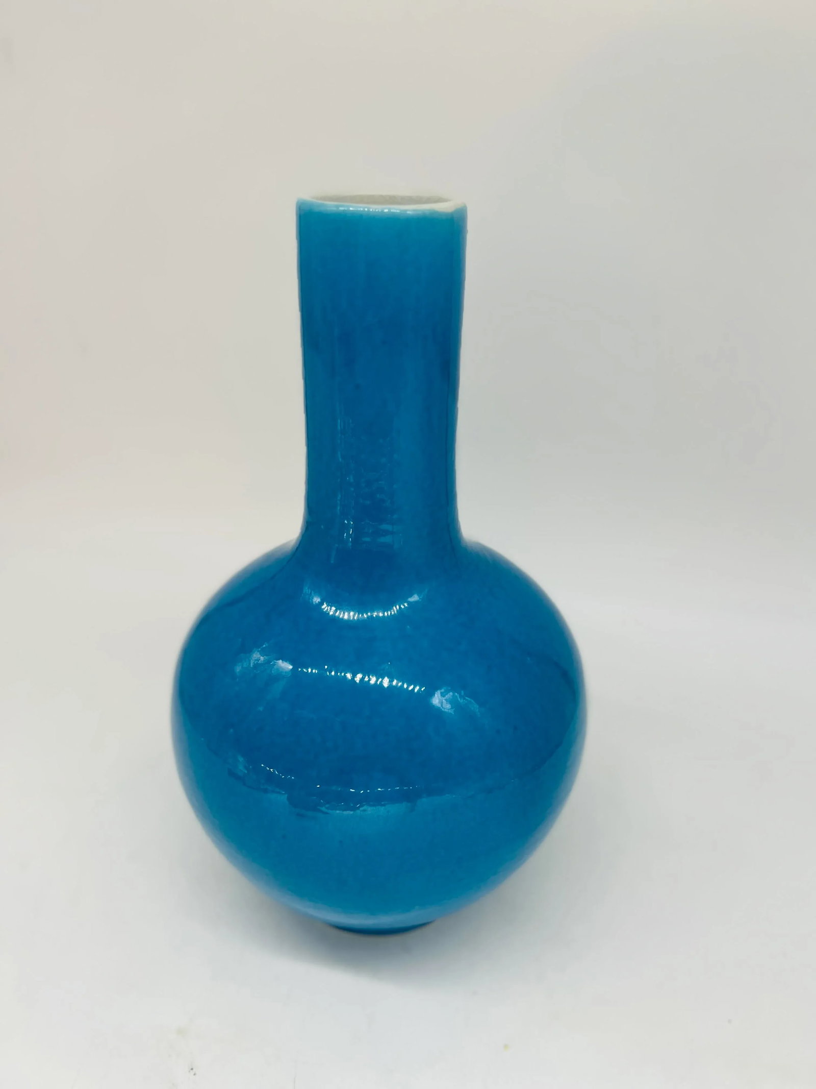 Chinese Peacock Blue Monochrome Bottle Form Vase 14" - 3
