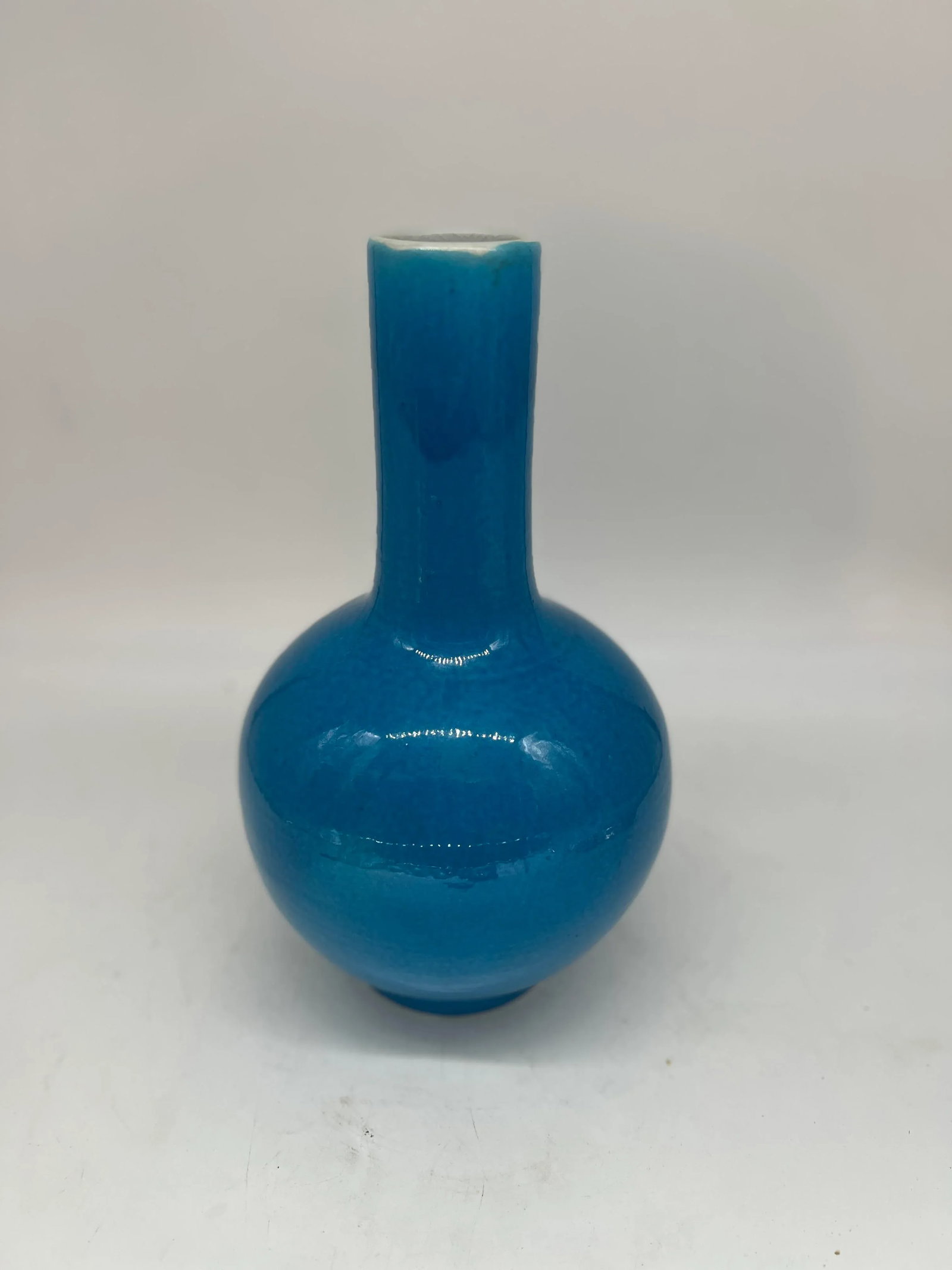 Chinese Peacock Blue Monochrome Bottle Form Vase 14" - 6