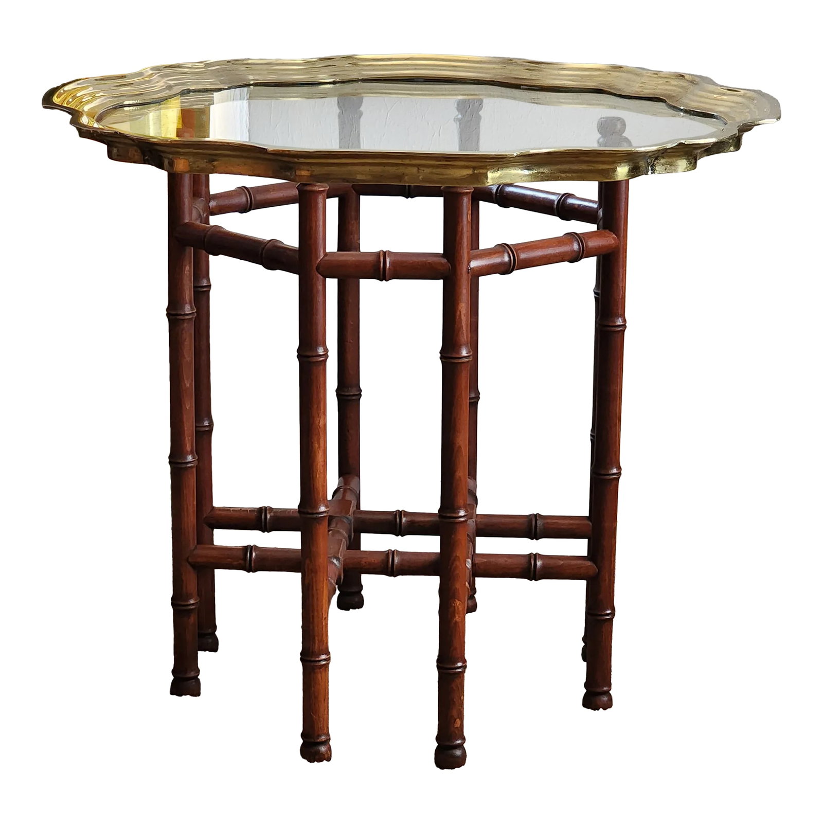 1970s Vintage Scalloped Pie Crust Brass, Glass and Faux Bamboo Accent/End Table (1 of 5)