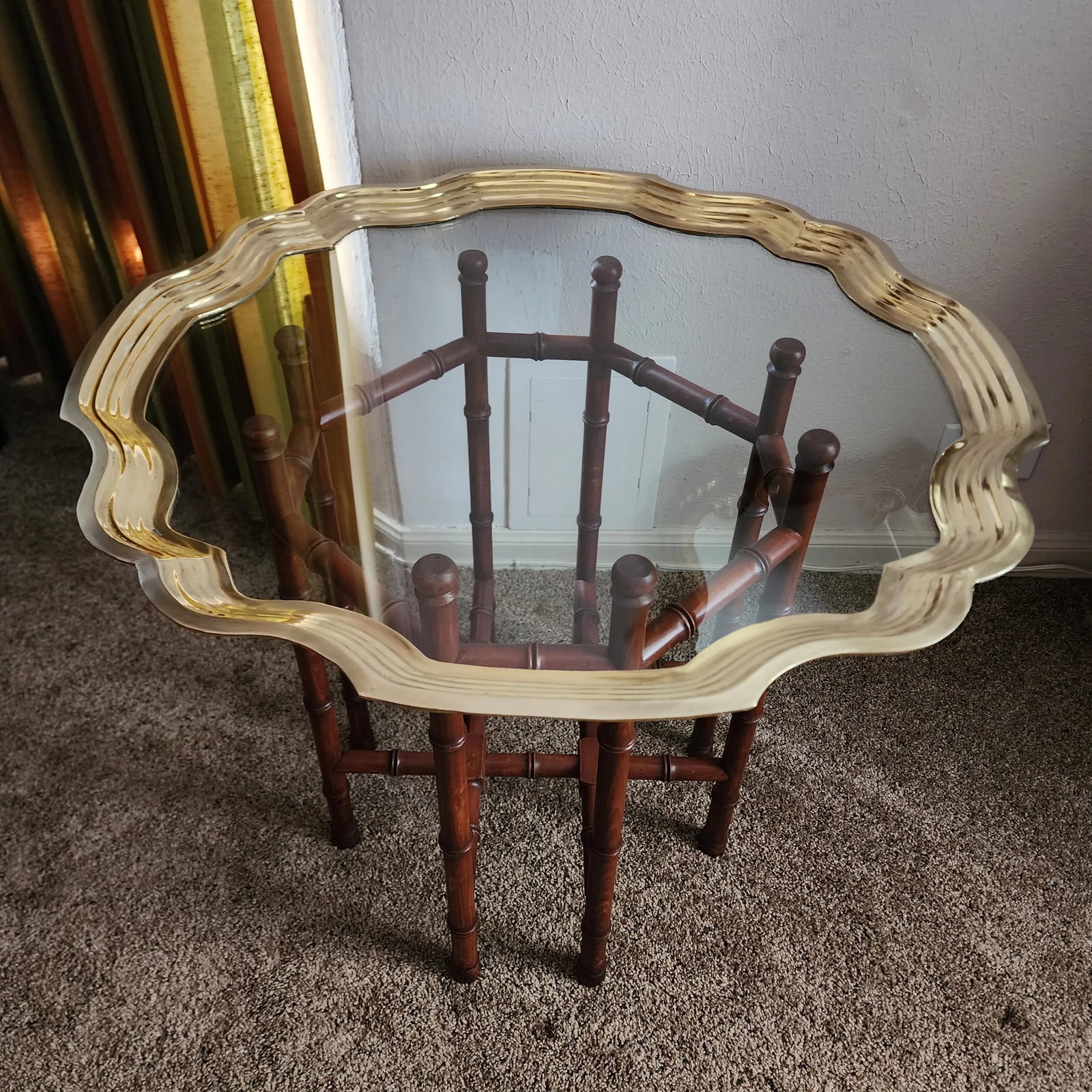1970s Vintage Scalloped Pie Crust Brass, Glass and Faux Bamboo Accent/End Table - 2