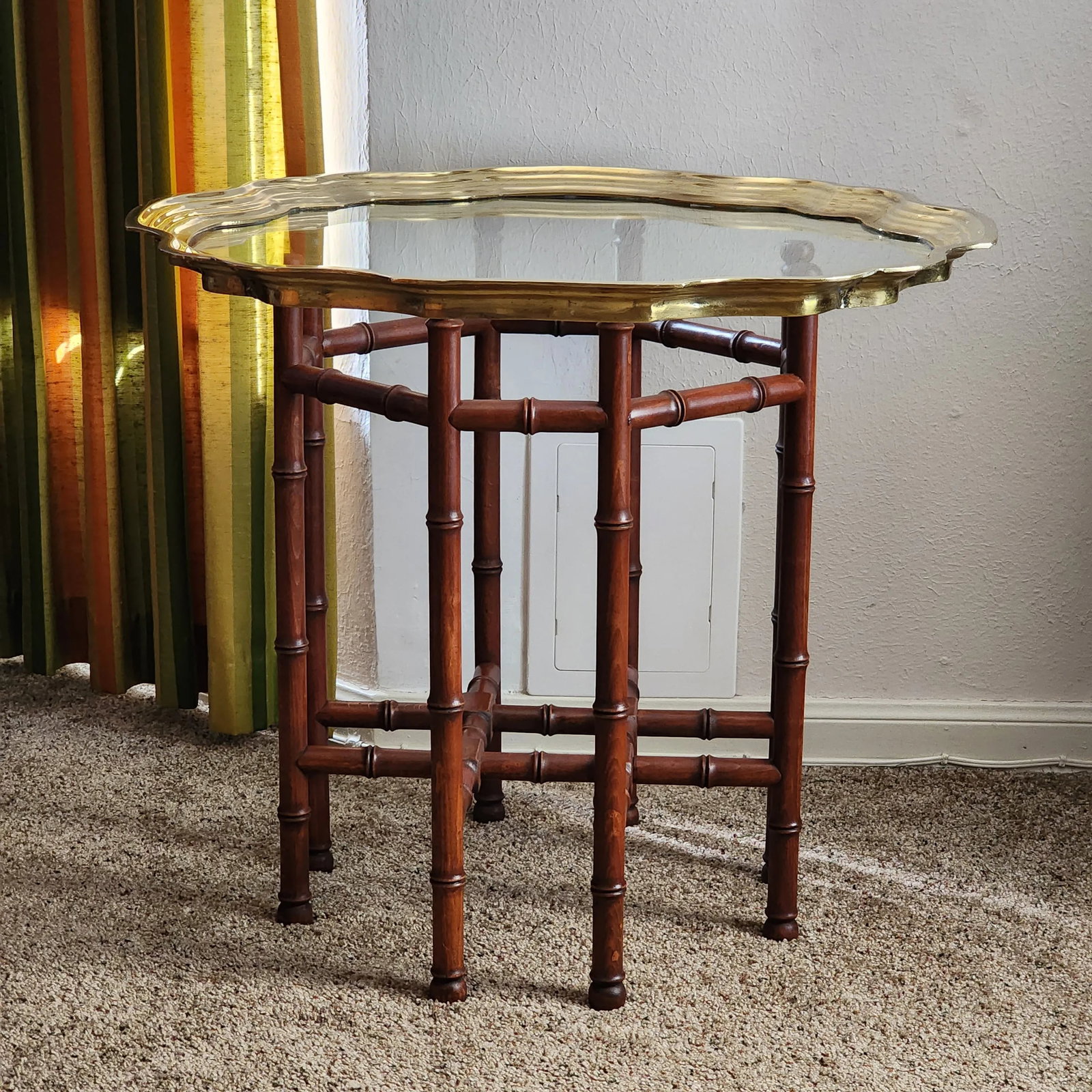 1970s Vintage Scalloped Pie Crust Brass, Glass and Faux Bamboo Accent/End Table - 5