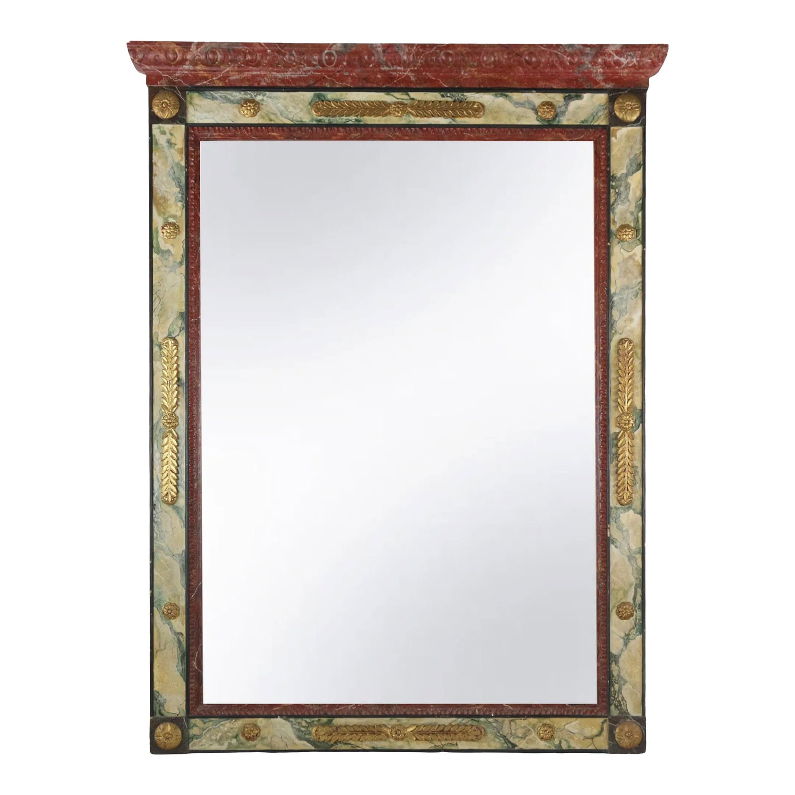Retro Design Regency Style Gilded and Trompe l'Oeil Marble Mirror: Retro design regency style gilded and trompe l'oeil marble mirror This Regency-style fireplace mirror is crafted in a trompe l'oeil style that mimics marble. A frieze of red and green trompe l'oeil