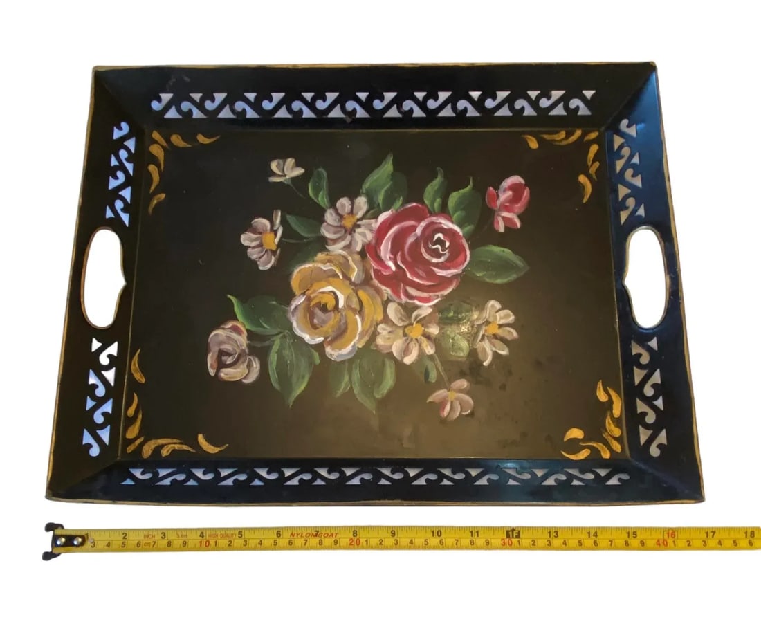Vintage Black Hand Painted Tole Rectangular Tray With Roses Design - 10