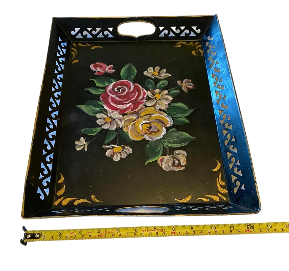 Vintage Black Hand Painted Tole Rectangular Tray With Roses Design - 11